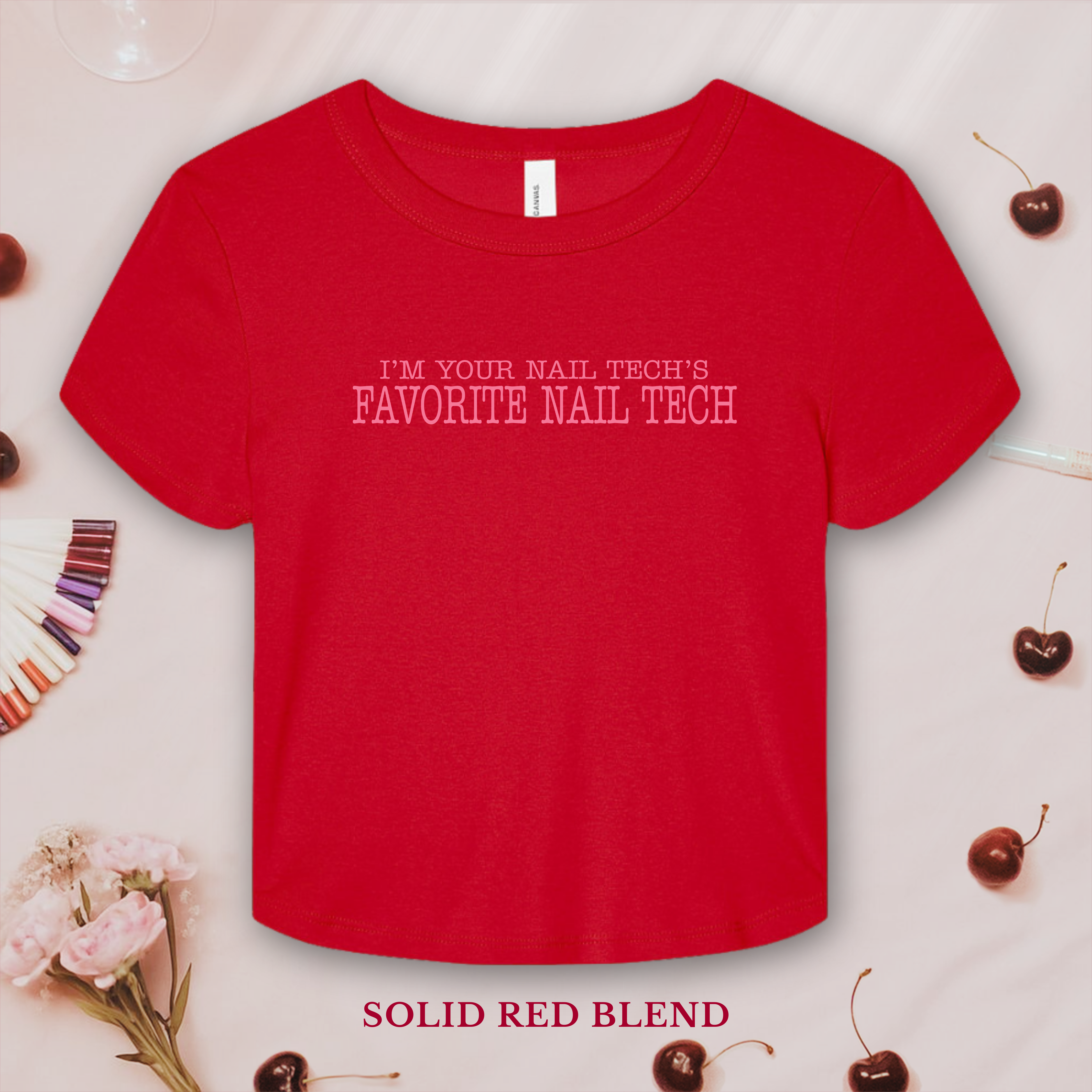 I'm Your Nail Tech's Favorite Nail Tech; Bella & Canvas Baby Tee; High Low Simple Pink Text product thumbnail image I'm Your Nail Tech's Favorite Nail Tech; Bella & Canvas Baby Tee; High Low Simple Pink Text product thumbnail image