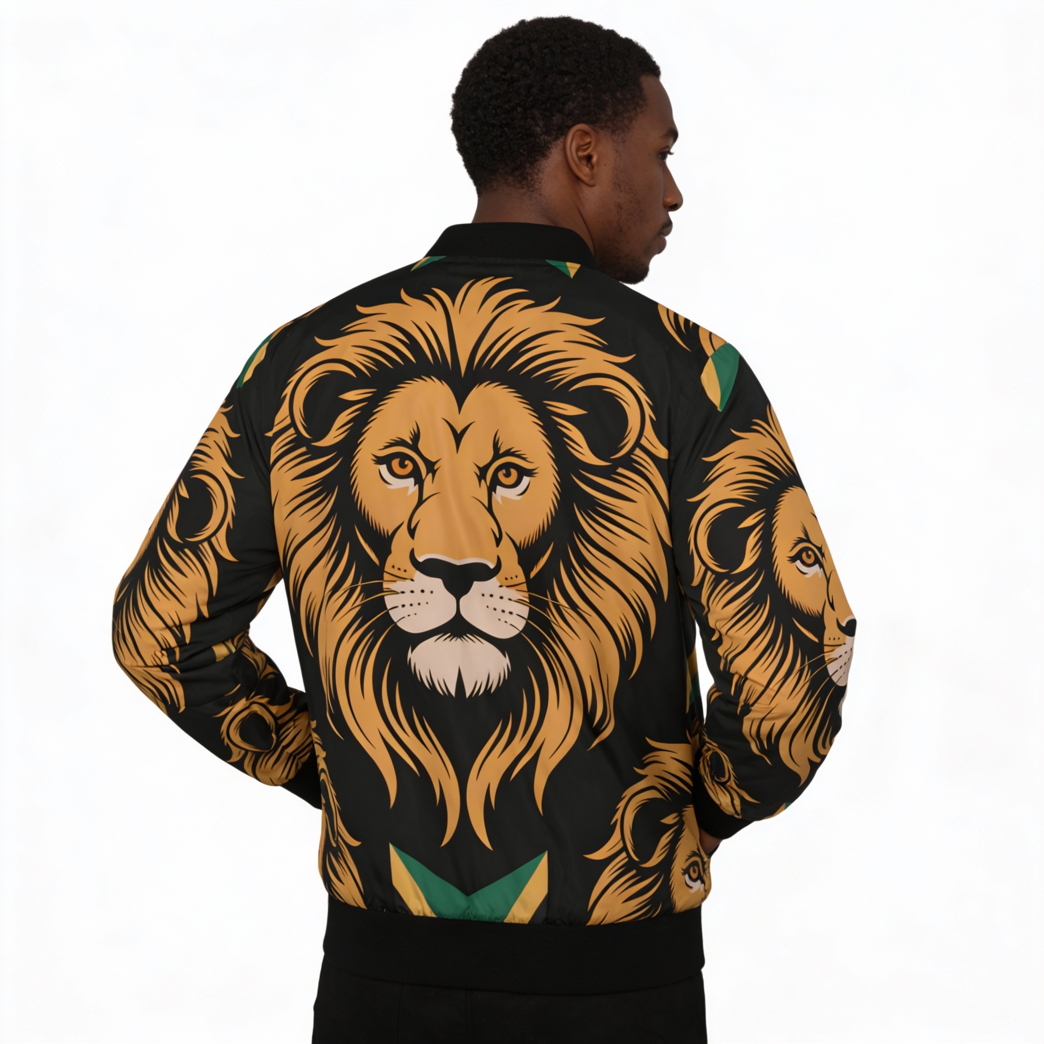 Bomber Jacket -Men Lion Head All-Over Print — Bold Wildlife Streetwear-Black, Green And Gold Accent product thumbnail image Bomber Jacket -Men Lion Head All-Over Print — Bold Wildlife Streetwear-Black, Green And Gold Accent product thumbnail image