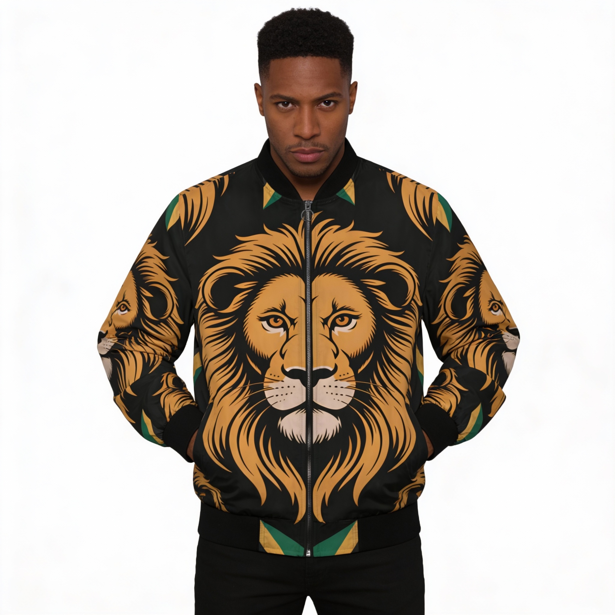 Bomber Jacket -Men Lion Head All-Over Print — Bold Wildlife Streetwear-Black, Green And Gold Accent
