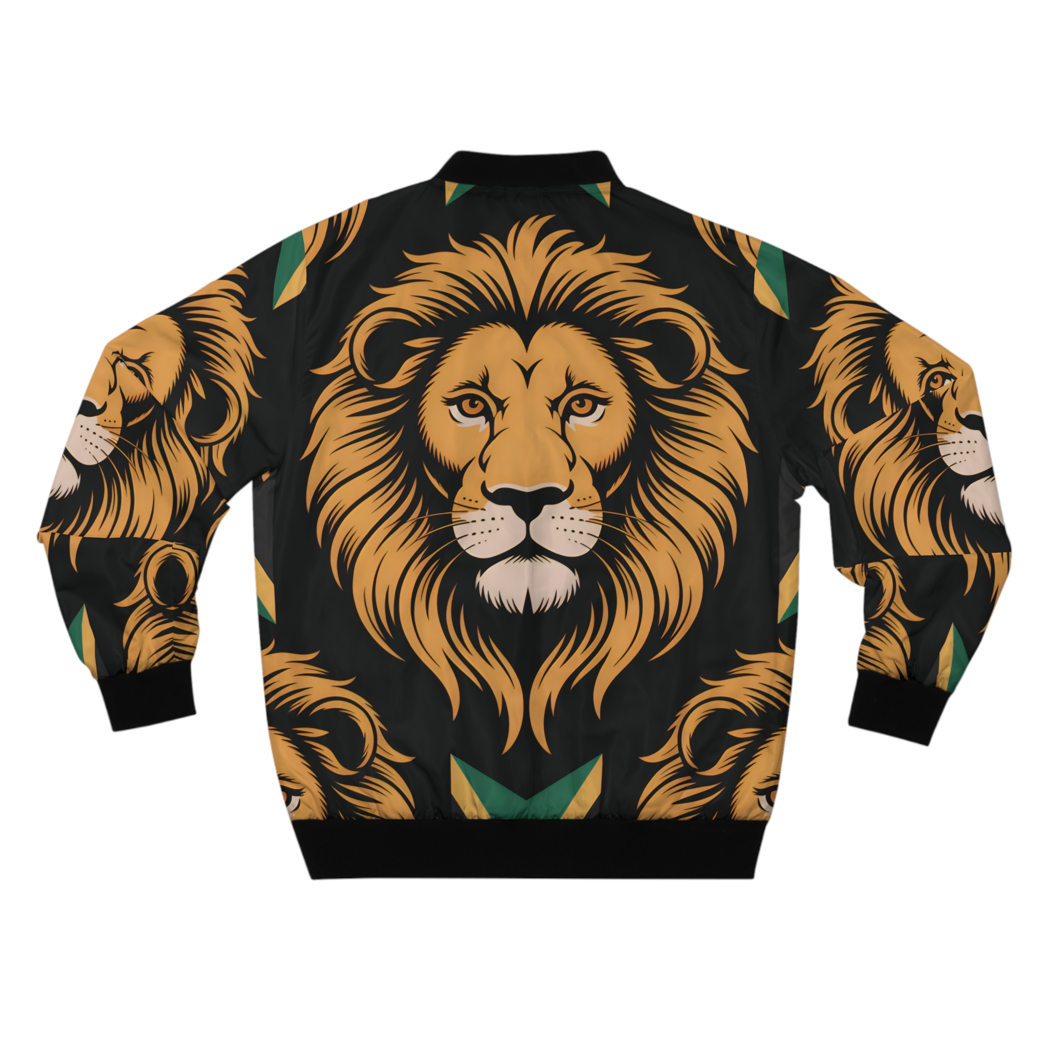 Bomber Jacket -Men Lion Head All-Over Print — Bold Wildlife Streetwear-Black, Green And Gold Accent product thumbnail image Bomber Jacket -Men Lion Head All-Over Print — Bold Wildlife Streetwear-Black, Green And Gold Accent product thumbnail image