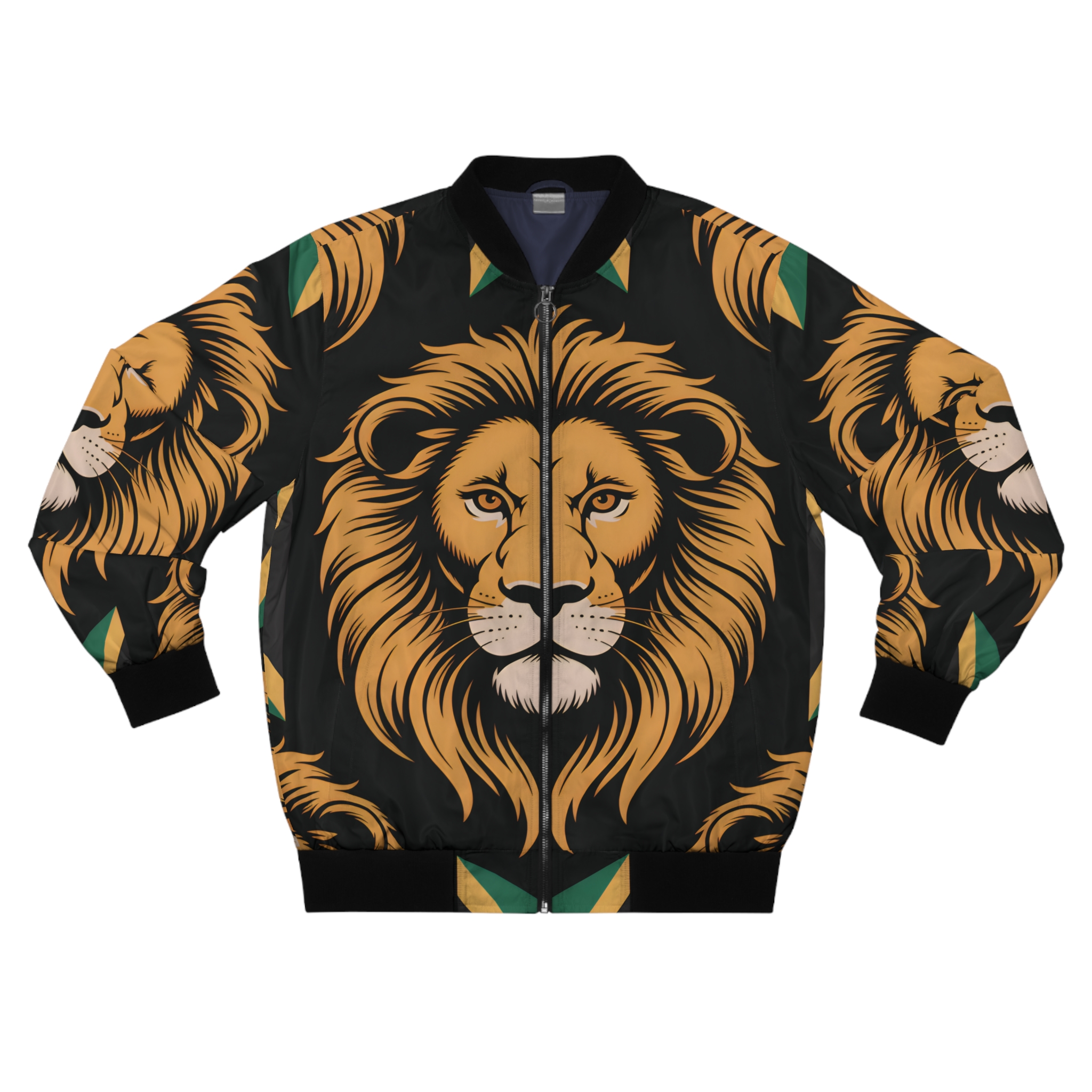 Bomber Jacket -Men Lion Head All-Over Print — Bold Wildlife Streetwear-Black, Green And Gold Accent product thumbnail image