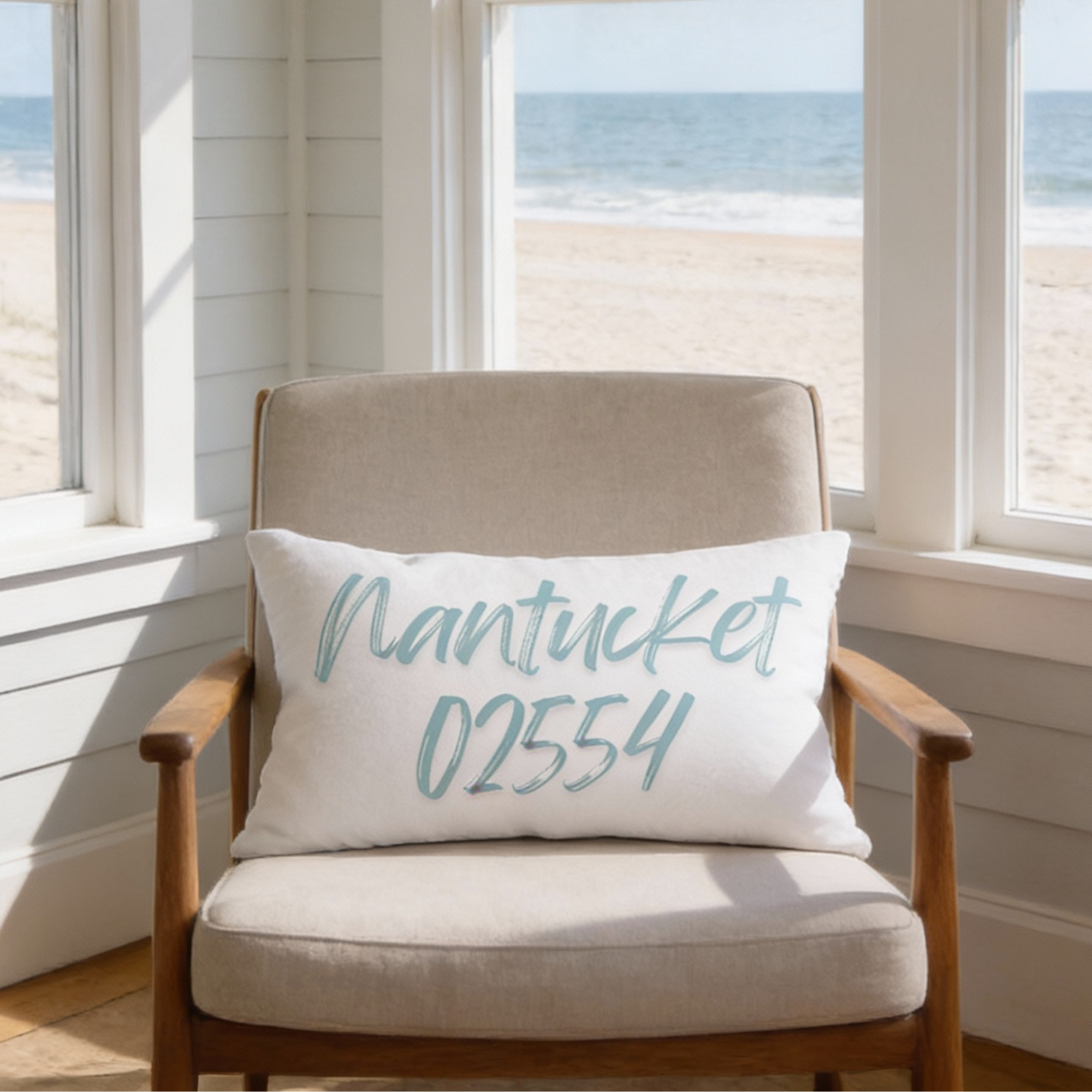 Custom City &amp; ZIP Lumbar Pillow, Coastal Minimalist Decor, Personalized Beach House Accent, Nautical Zip Code Pillow product thumbnail image