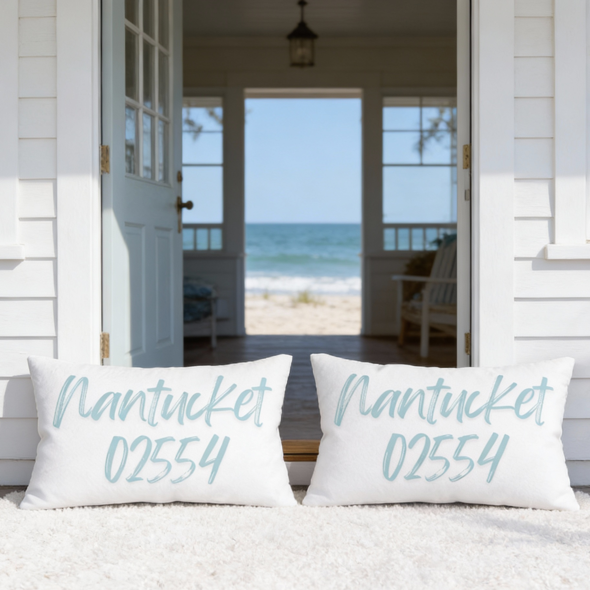 Custom City &amp; ZIP Lumbar Pillow, Coastal Minimalist Decor, Personalized Beach House Accent, Nautical Zip Code Pillow product thumbnail image