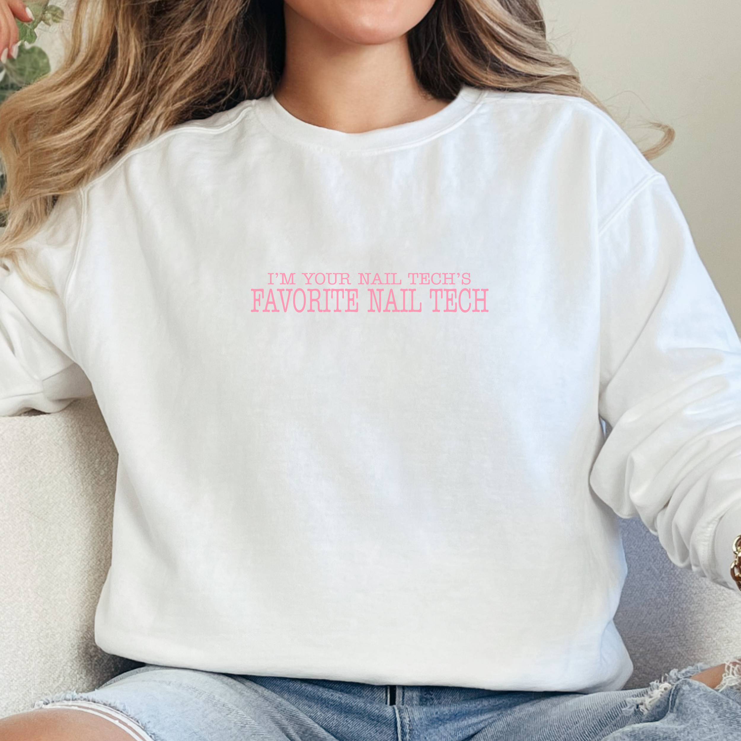 I'm Your Nail Tech's Favorite Nail Tech; Comfort Colors Graphic Crewneck Sweatshirt; High Low Simple Pink Text product thumbnail image I'm Your Nail Tech's Favorite Nail Tech; Comfort Colors Graphic Crewneck Sweatshirt; High Low Simple Pink Text product thumbnail image