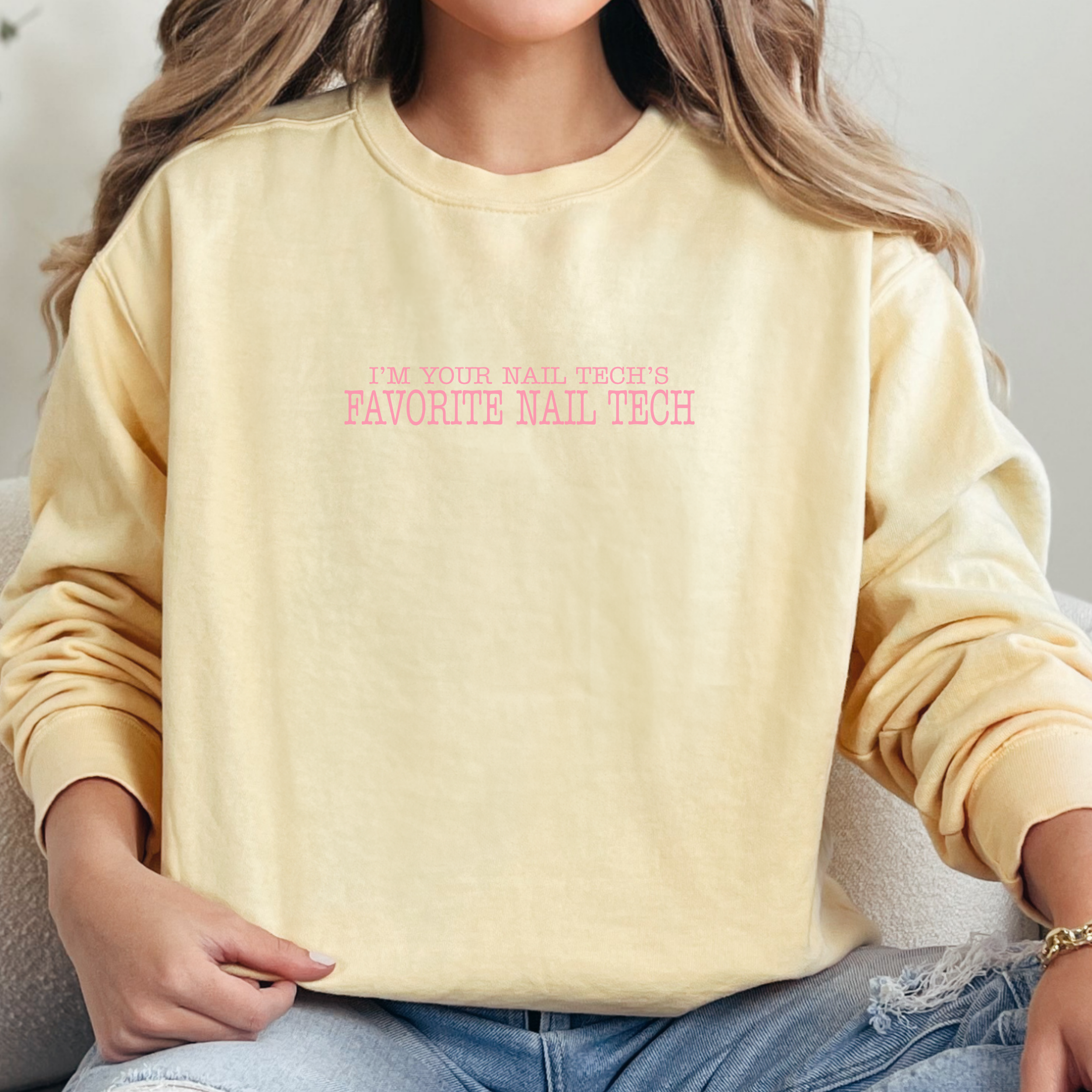 I'm Your Nail Tech's Favorite Nail Tech; Comfort Colors Graphic Crewneck Sweatshirt; High Low Simple Pink Text product thumbnail image I'm Your Nail Tech's Favorite Nail Tech; Comfort Colors Graphic Crewneck Sweatshirt; High Low Simple Pink Text product thumbnail image