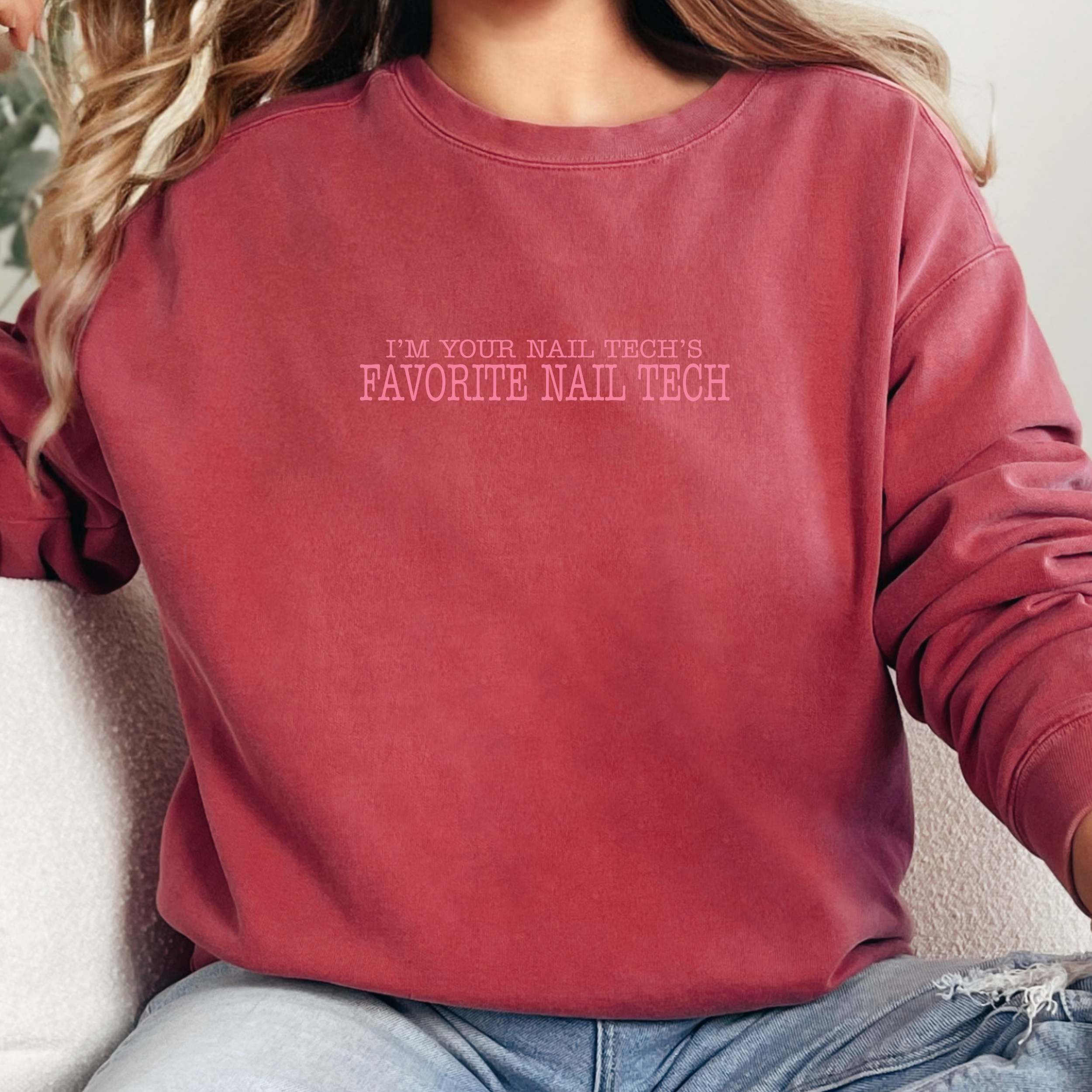 I'm Your Nail Tech's Favorite Nail Tech; Comfort Colors Graphic Crewneck Sweatshirt; High Low Simple Pink Text product thumbnail image I'm Your Nail Tech's Favorite Nail Tech; Comfort Colors Graphic Crewneck Sweatshirt; High Low Simple Pink Text product thumbnail image