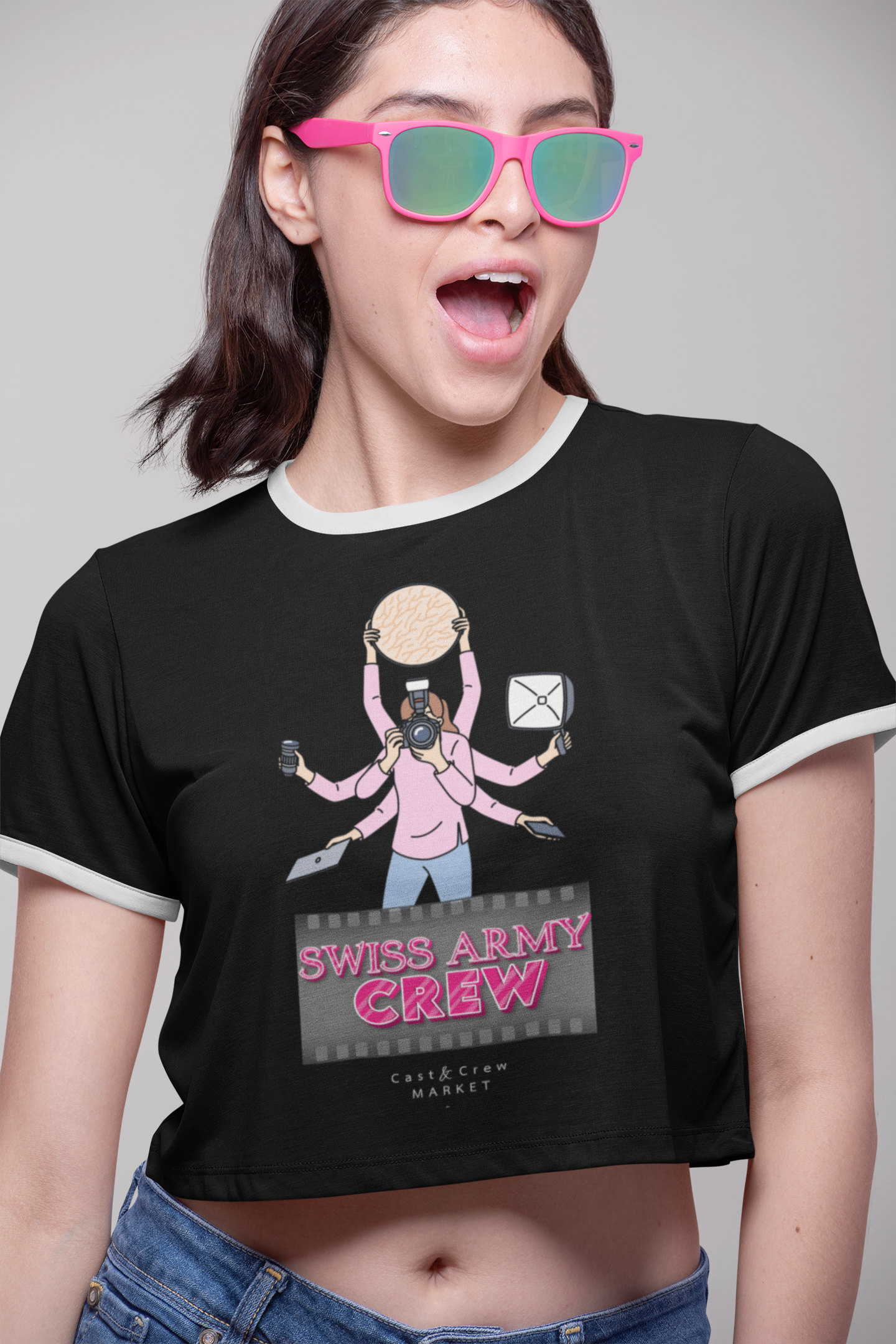 "Swiss Army Crew" Graphic Ringer Tee — Female Independent Filmmaker Gift "Swiss Army Crew" Graphic Ringer Tee — Female Independent Filmmaker Gift