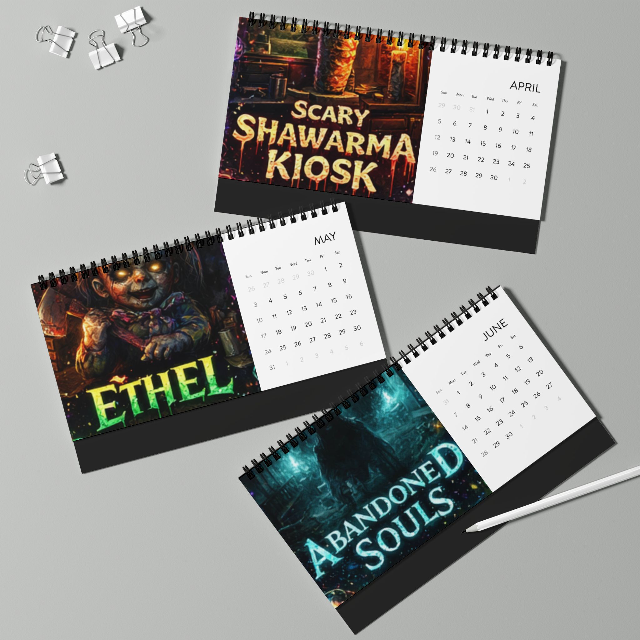 Fan Made Game Art Desk Calendar | Horror Hunt 2026 Desk Calendar | Spiral Desktop Calendar with Monthly Grid product thumbnail image