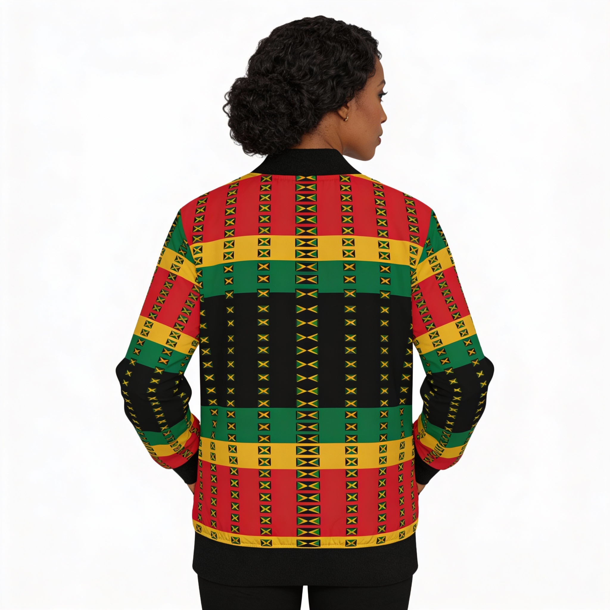 Bomber Jacket — Women-Jamaican Flag Print Flight Jacket-Rasta Colors product thumbnail image Bomber Jacket — Women-Jamaican Flag Print Flight Jacket-Rasta Colors product thumbnail image