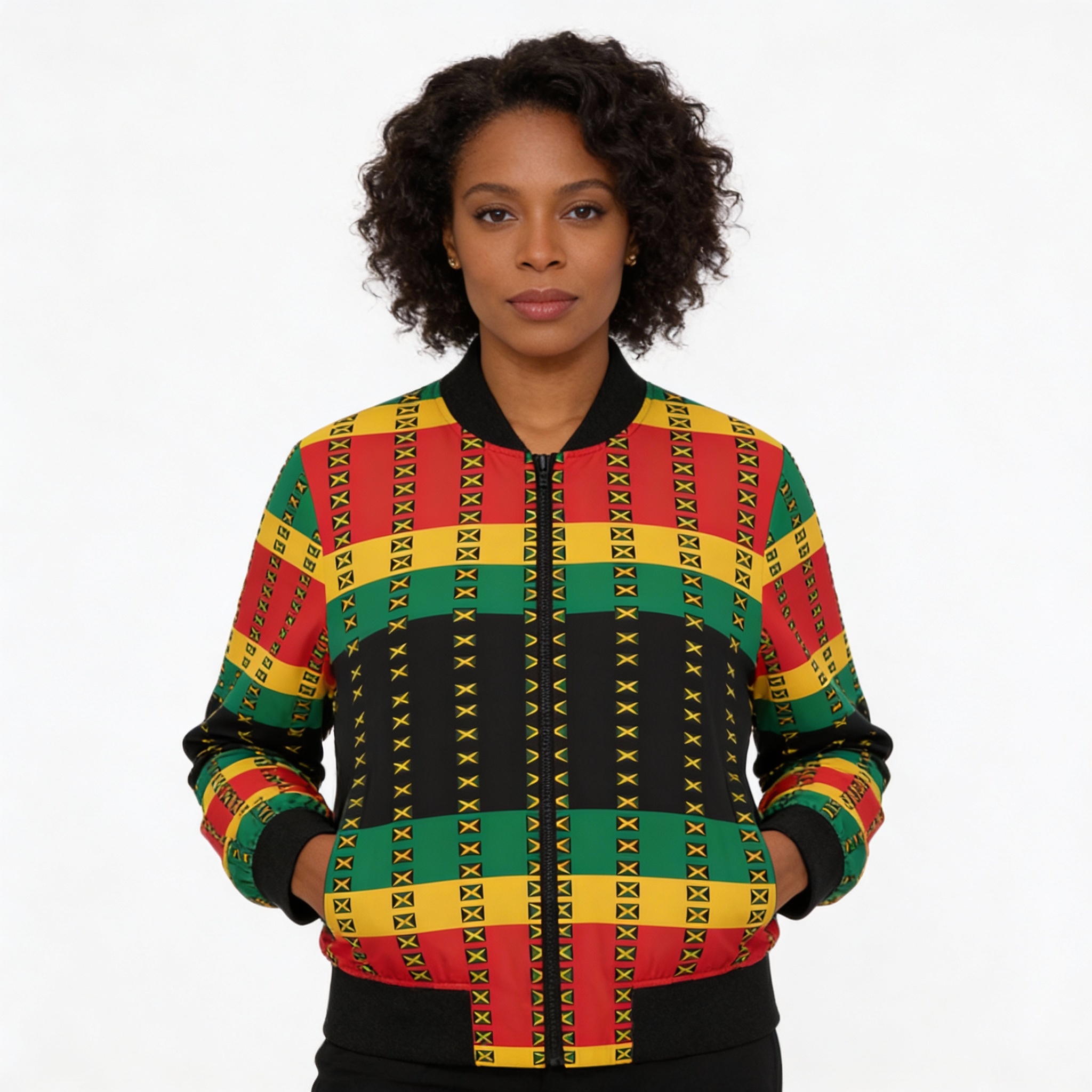 Bomber Jacket — Women-Jamaican Flag Print Flight Jacket-Rasta Colors product thumbnail image Bomber Jacket — Women-Jamaican Flag Print Flight Jacket-Rasta Colors product thumbnail image