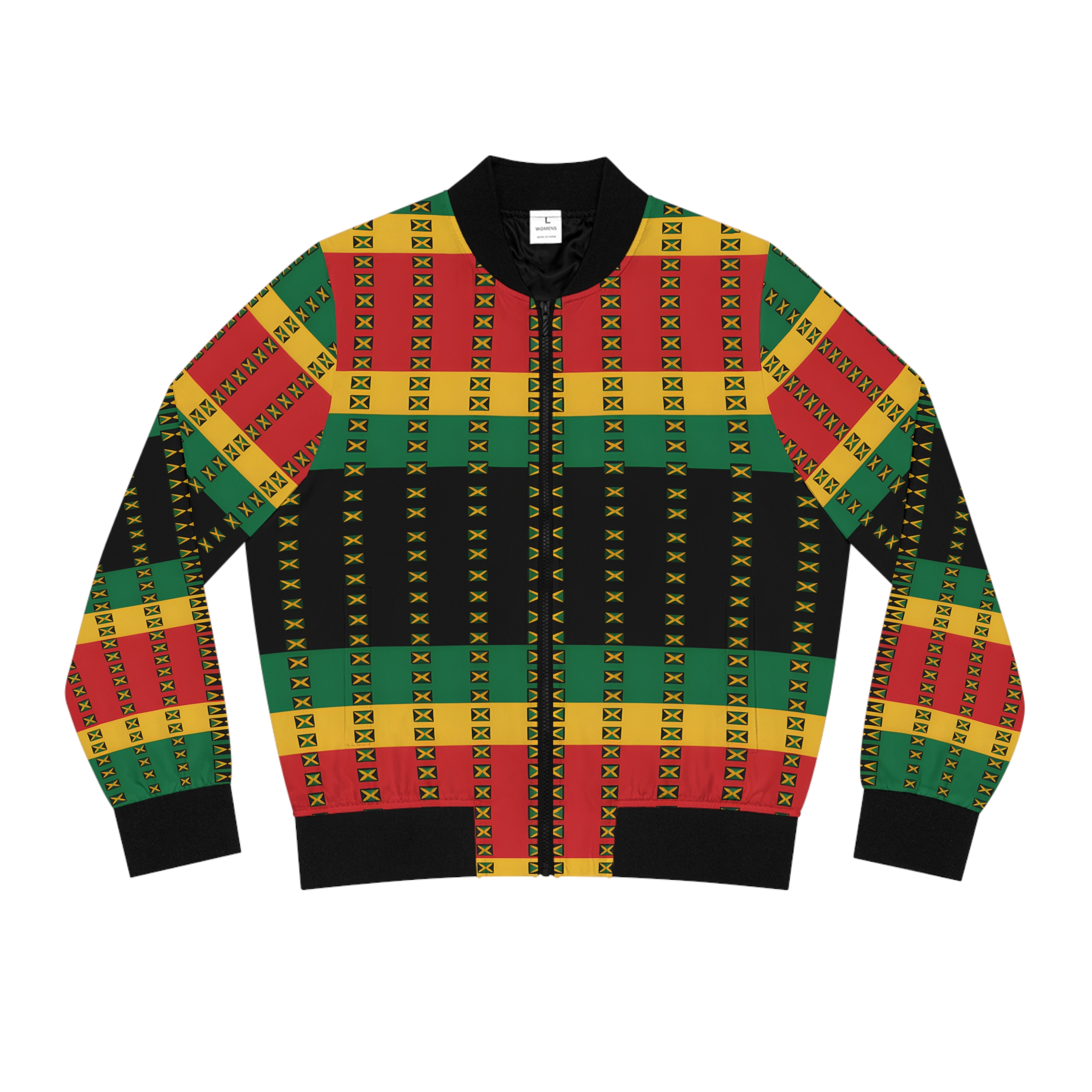 Bomber Jacket — Women-Jamaican Flag Print Flight Jacket-Rasta Colors product thumbnail image Bomber Jacket — Women-Jamaican Flag Print Flight Jacket-Rasta Colors product thumbnail image