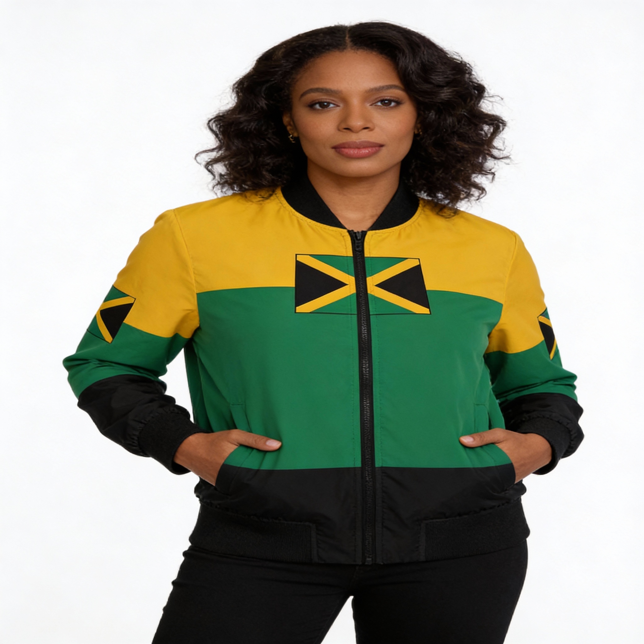 Bomber Jacket- Women's Jamaica Flag Green, Yellow And Black Jacket product thumbnail image