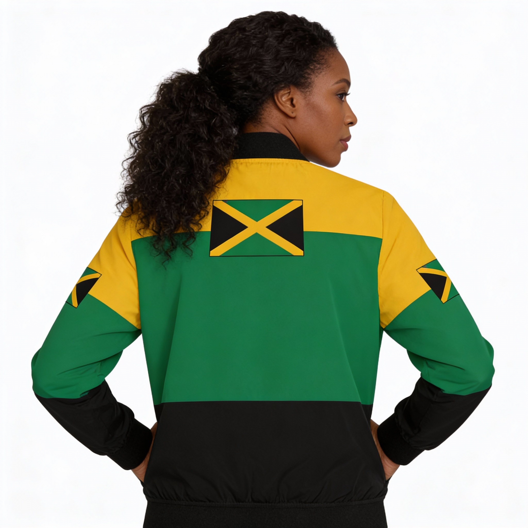Bomber Jacket- Women's Jamaica Flag Green, Yellow And Black Jacket product thumbnail image