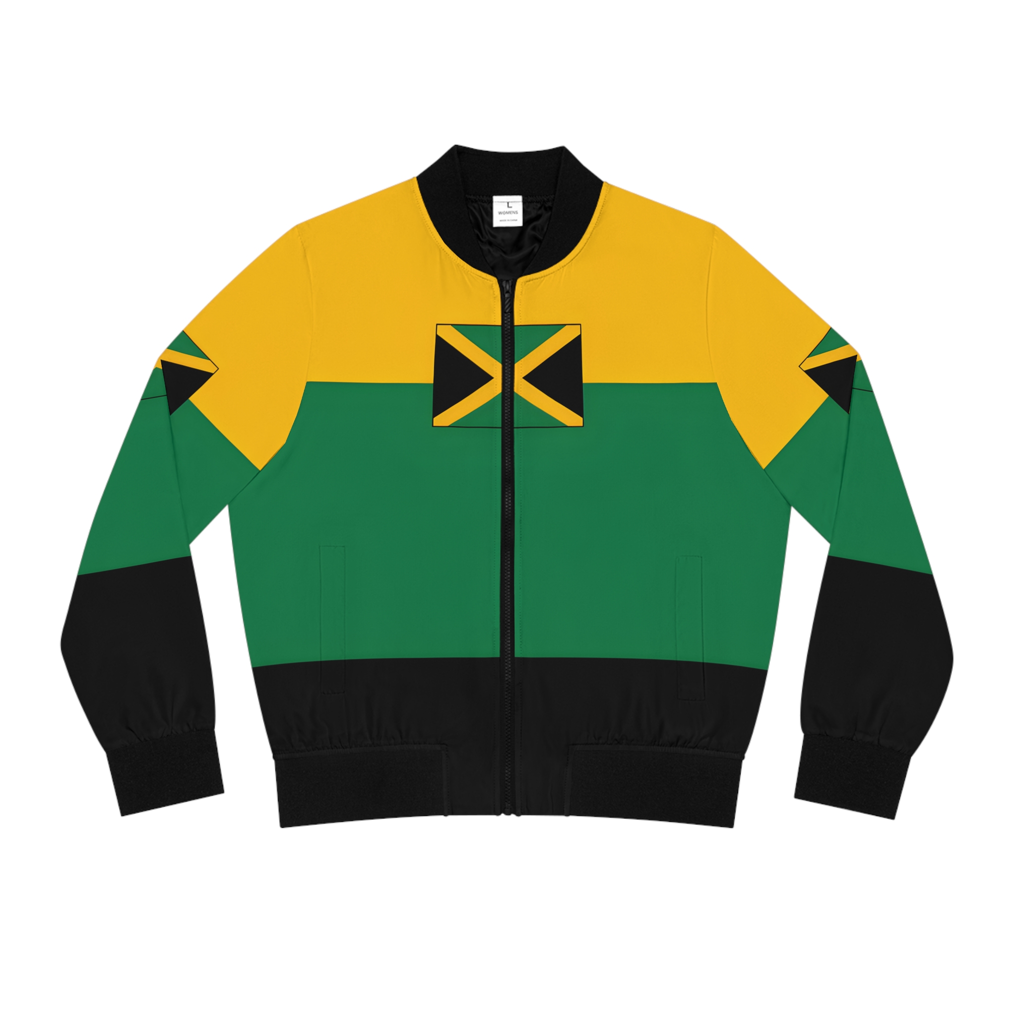 Bomber Jacket- Women's Jamaica Flag Green, Yellow And Black Jacket product thumbnail image Bomber Jacket- Women's Jamaica Flag Green, Yellow And Black Jacket product thumbnail image