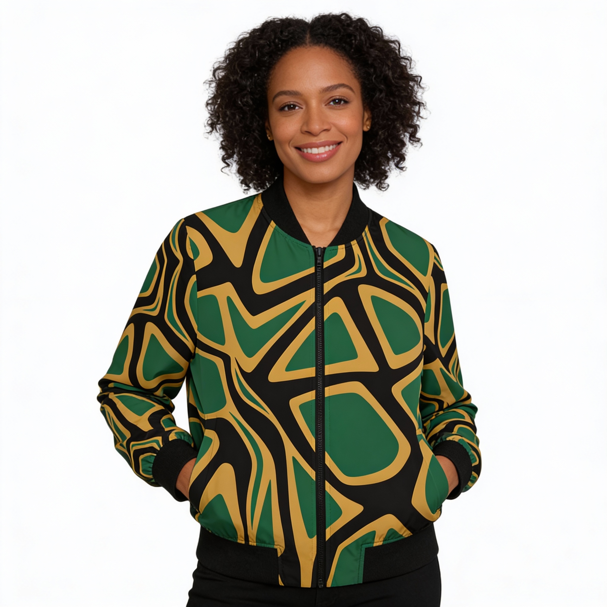 Bomber Jacket-Women-Abstract Black, Green & Gold Pattern -Jamaican Color Jacket product thumbnail image Bomber Jacket-Women-Abstract Black, Green & Gold Pattern -Jamaican Color Jacket product thumbnail image
