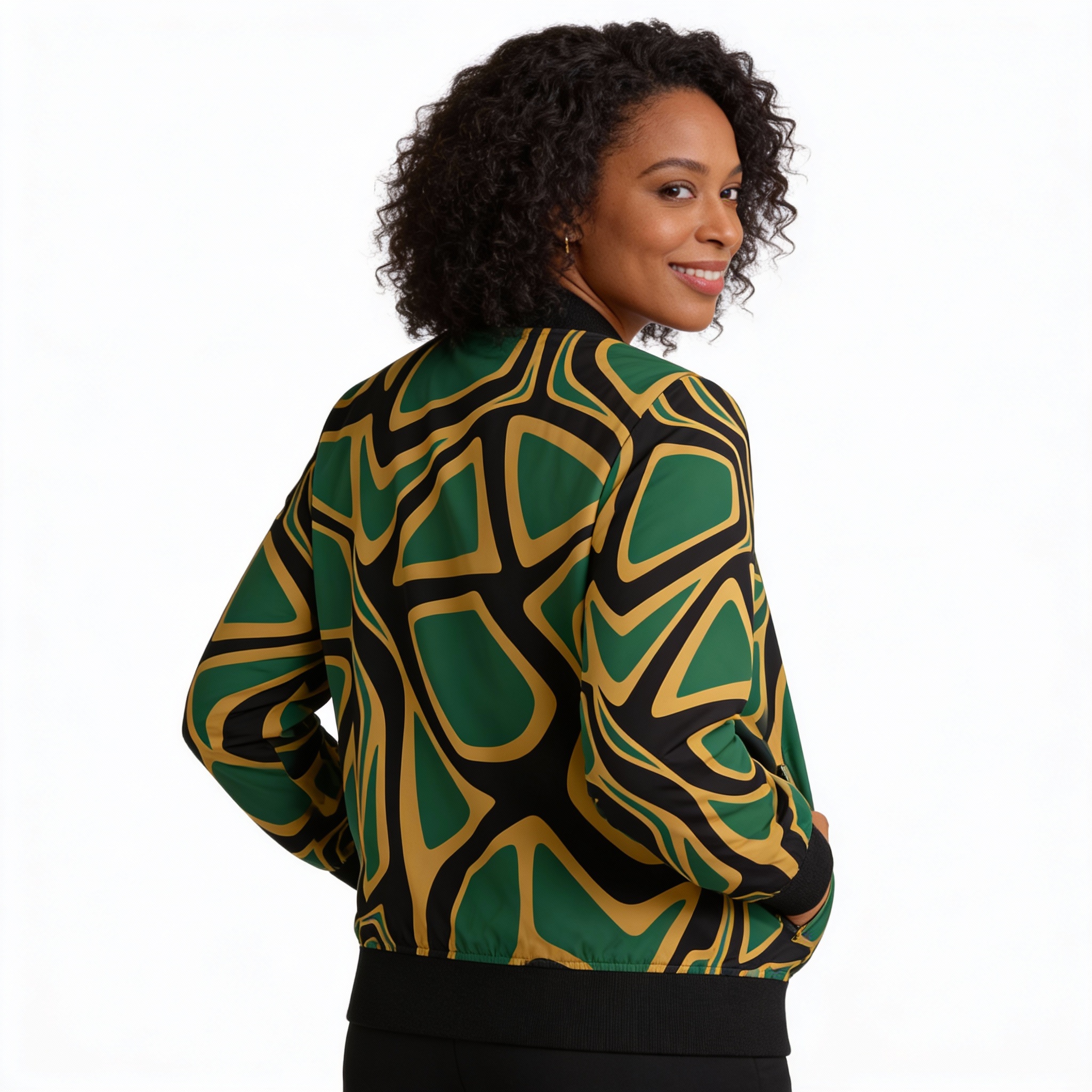Bomber Jacket-Women-Abstract Black, Green & Gold Pattern -Jamaican Color Jacket product thumbnail image Bomber Jacket-Women-Abstract Black, Green & Gold Pattern -Jamaican Color Jacket product thumbnail image