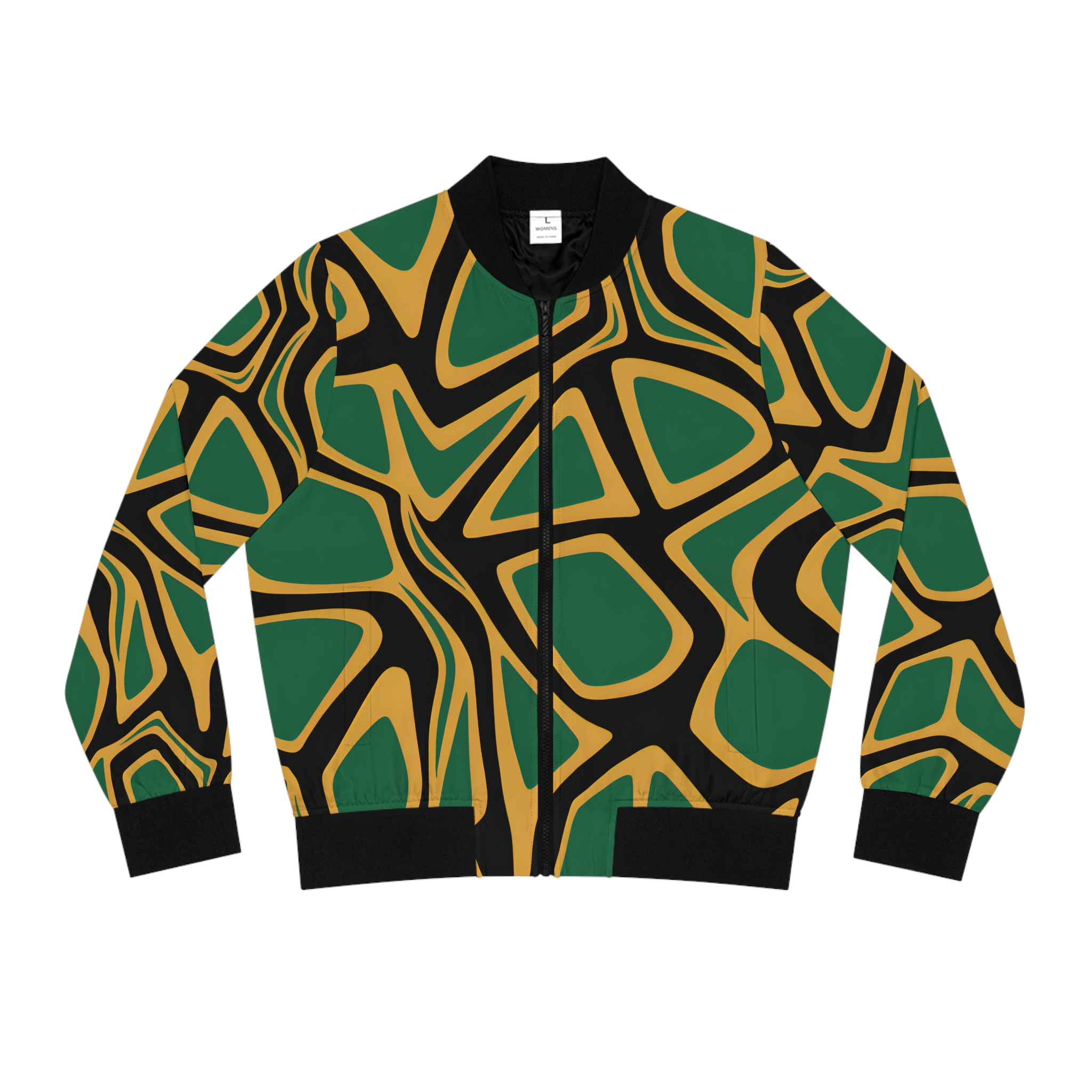 Bomber Jacket-Women-Abstract Black, Green & Gold Pattern -Jamaican Color Jacket product thumbnail image Bomber Jacket-Women-Abstract Black, Green & Gold Pattern -Jamaican Color Jacket product thumbnail image