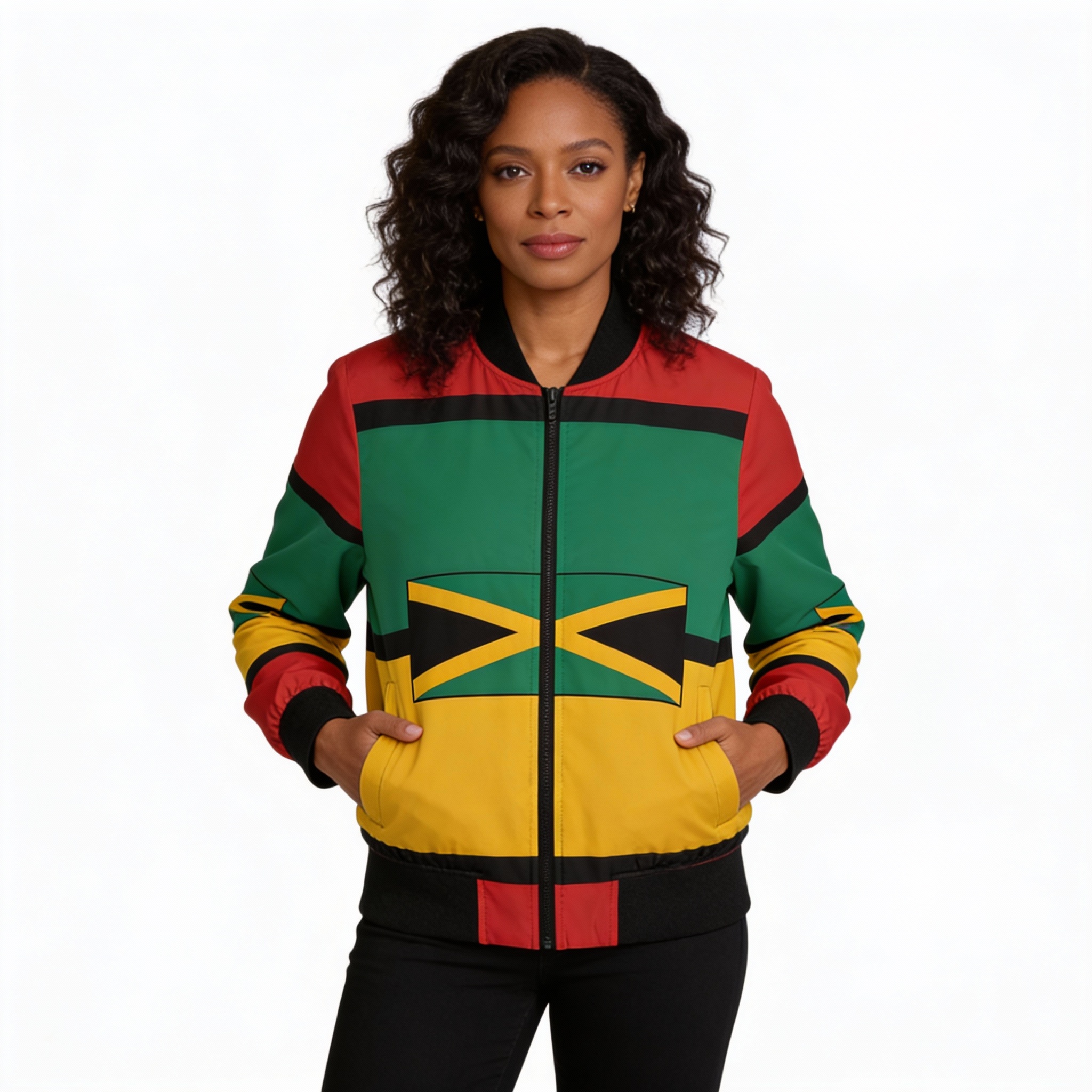 Bomber Jacket-Women's Jamaican Flag Rasta Colors All-Over Print Jacket product thumbnail image Bomber Jacket-Women's Jamaican Flag Rasta Colors All-Over Print Jacket product thumbnail image