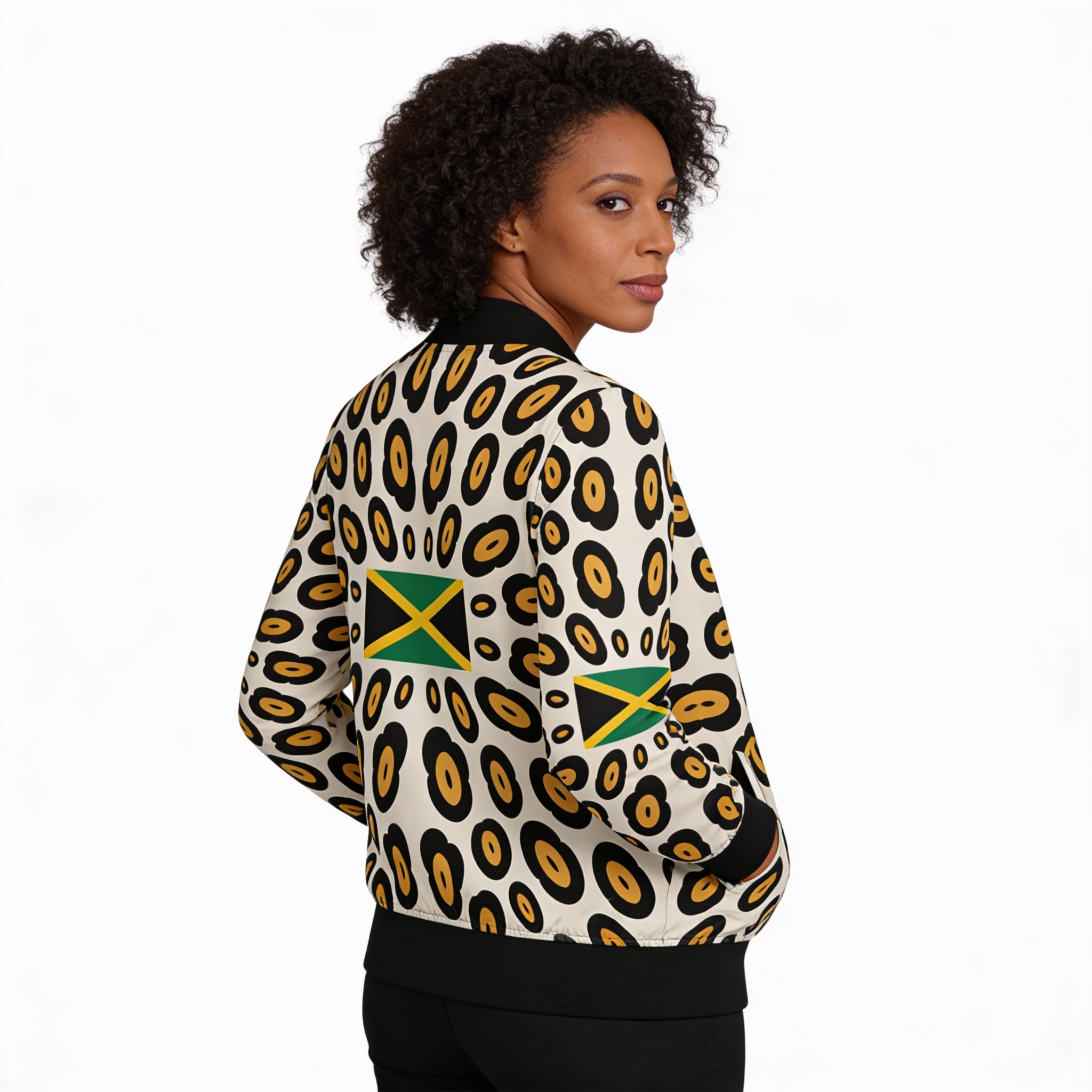 Bomber Jacket-Women - Jamaican Flag Leopard Print  product thumbnail image