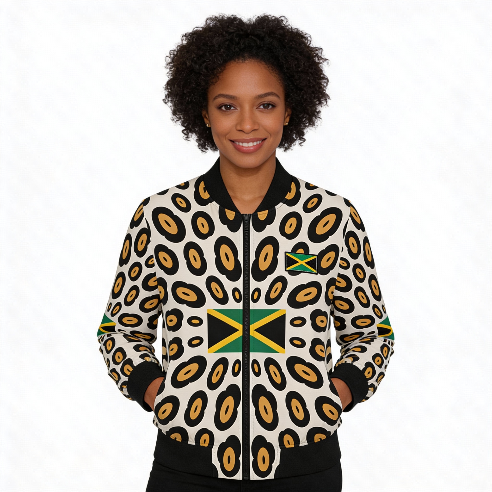 Bomber Jacket-Women - Jamaican Flag Leopard Print product thumbnail image Bomber Jacket-Women - Jamaican Flag Leopard Print product thumbnail image