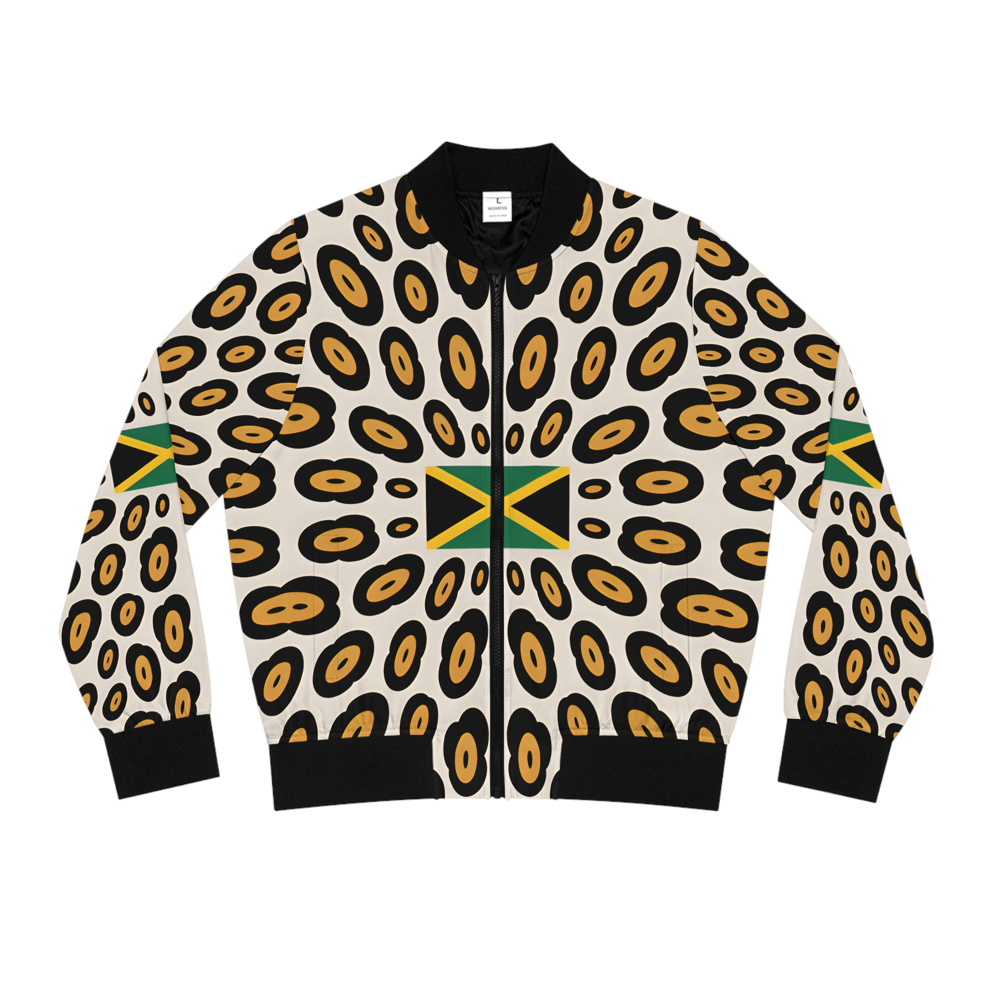 Bomber Jacket-Women - Jamaican Flag Leopard Print product thumbnail image Bomber Jacket-Women - Jamaican Flag Leopard Print product thumbnail image