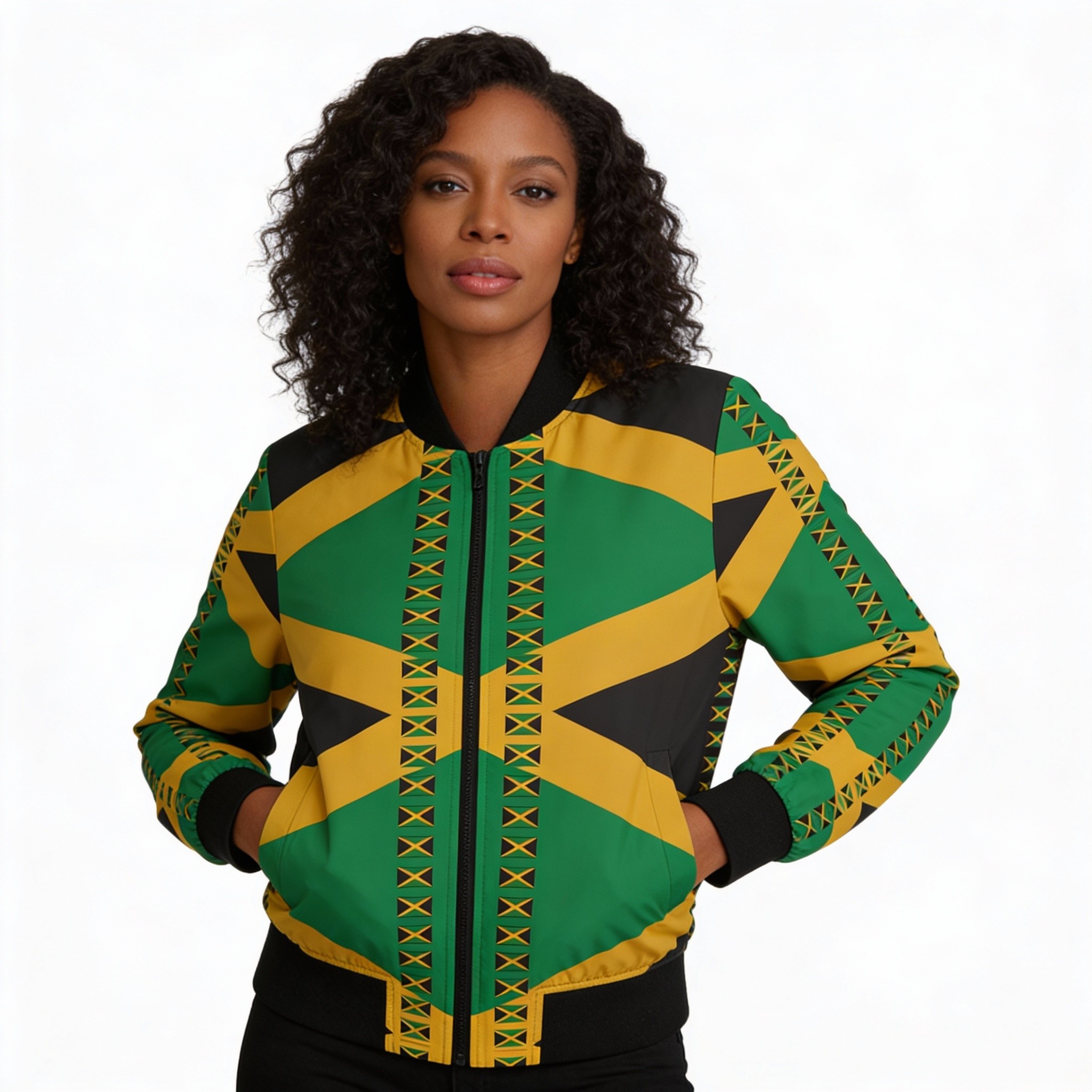 Bomber Jacket —Women- Jamaican Flag Print-Black, Green and Gold product thumbnail image Bomber Jacket —Women- Jamaican Flag Print-Black, Green and Gold product thumbnail image
