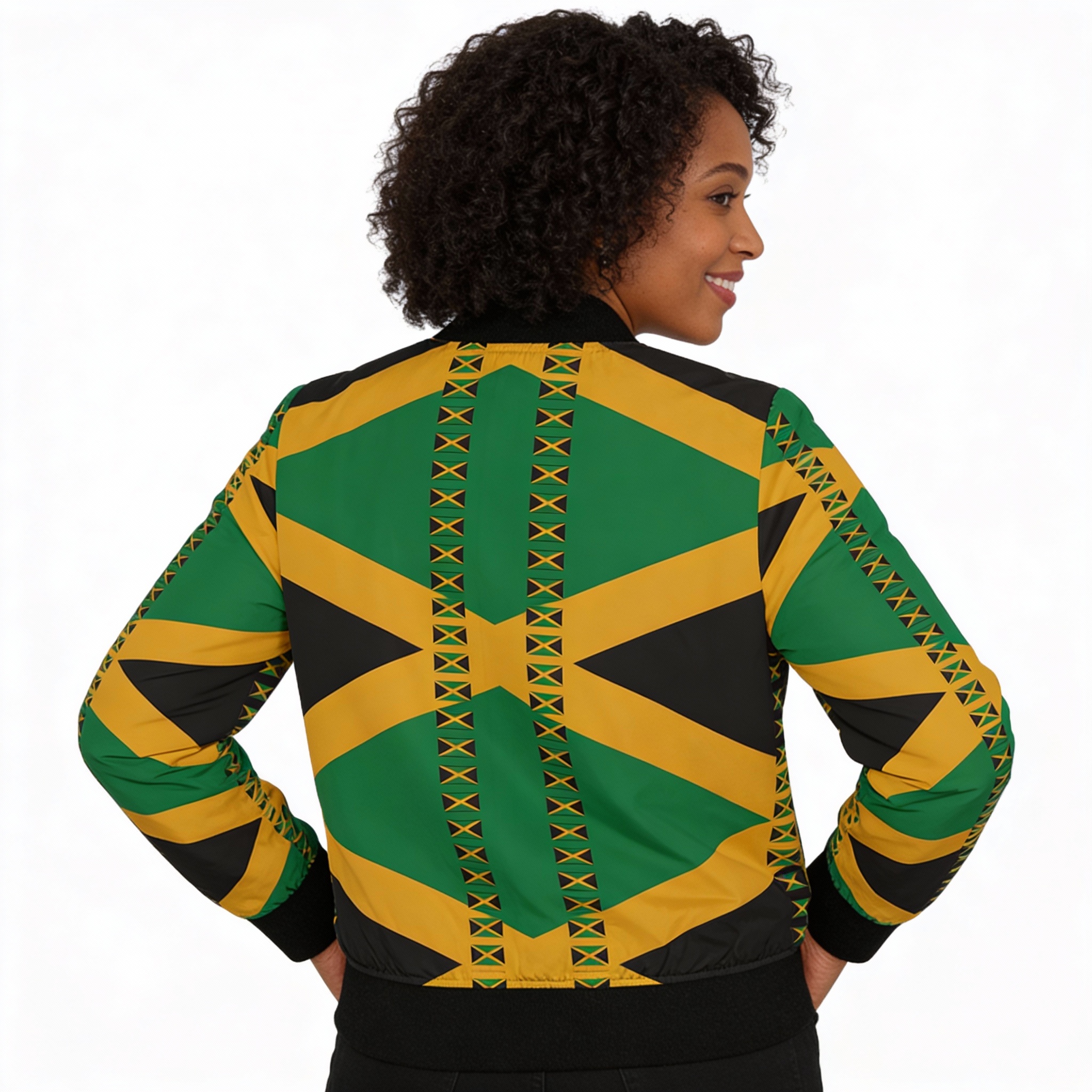 Bomber Jacket —Women- Jamaican Flag Print-Black, Green and Gold product thumbnail image Bomber Jacket —Women- Jamaican Flag Print-Black, Green and Gold product thumbnail image