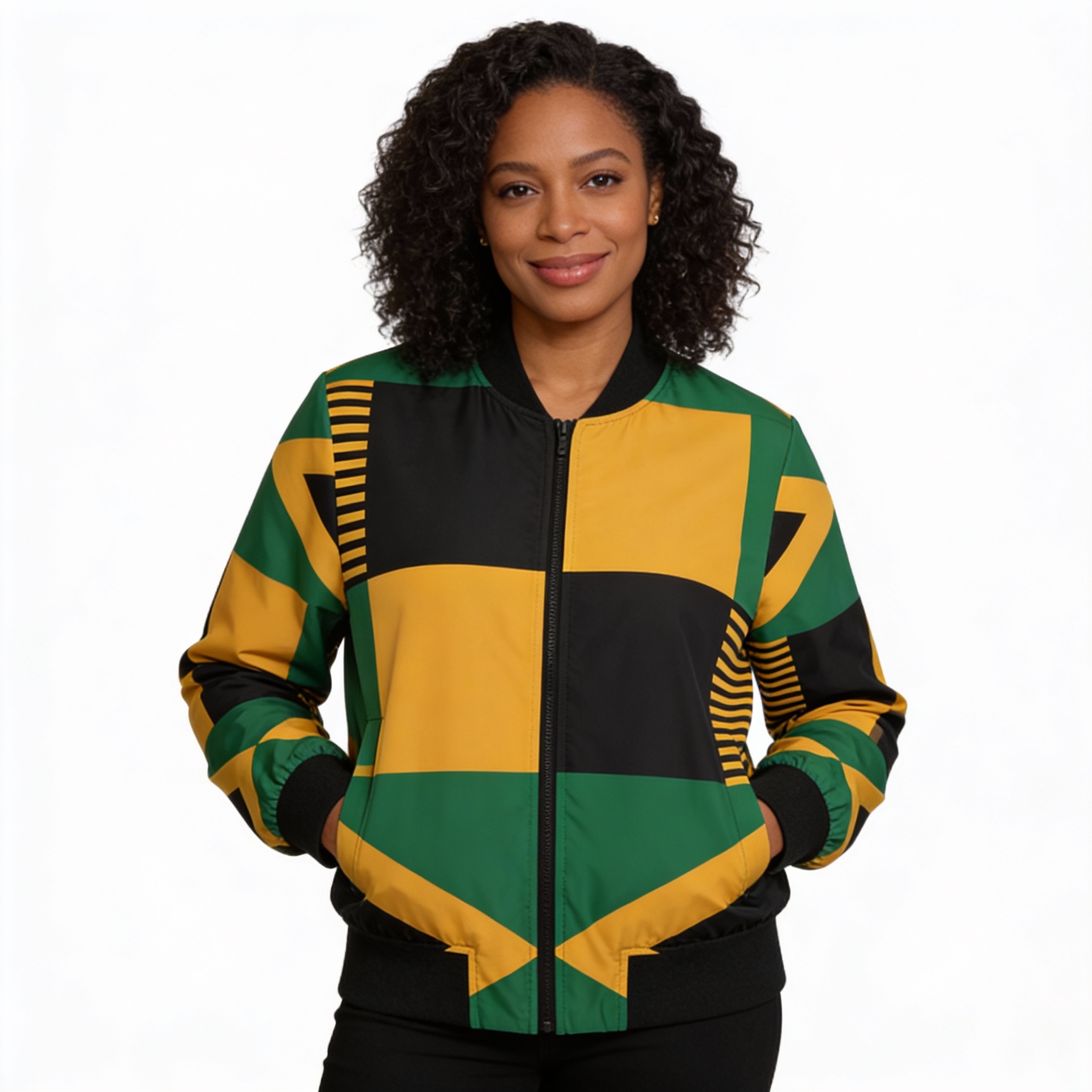 Bomber Jacket-Women Jamaican Flag Checkerboard Black, Green And Gold Jacket