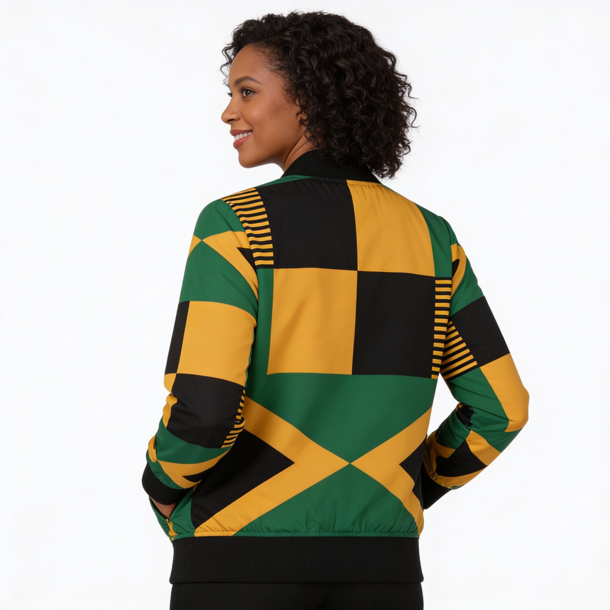 Bomber Jacket-Women Jamaican Flag Checkerboard Black, Green And Gold Jacket product thumbnail image Bomber Jacket-Women Jamaican Flag Checkerboard Black, Green And Gold Jacket product thumbnail image