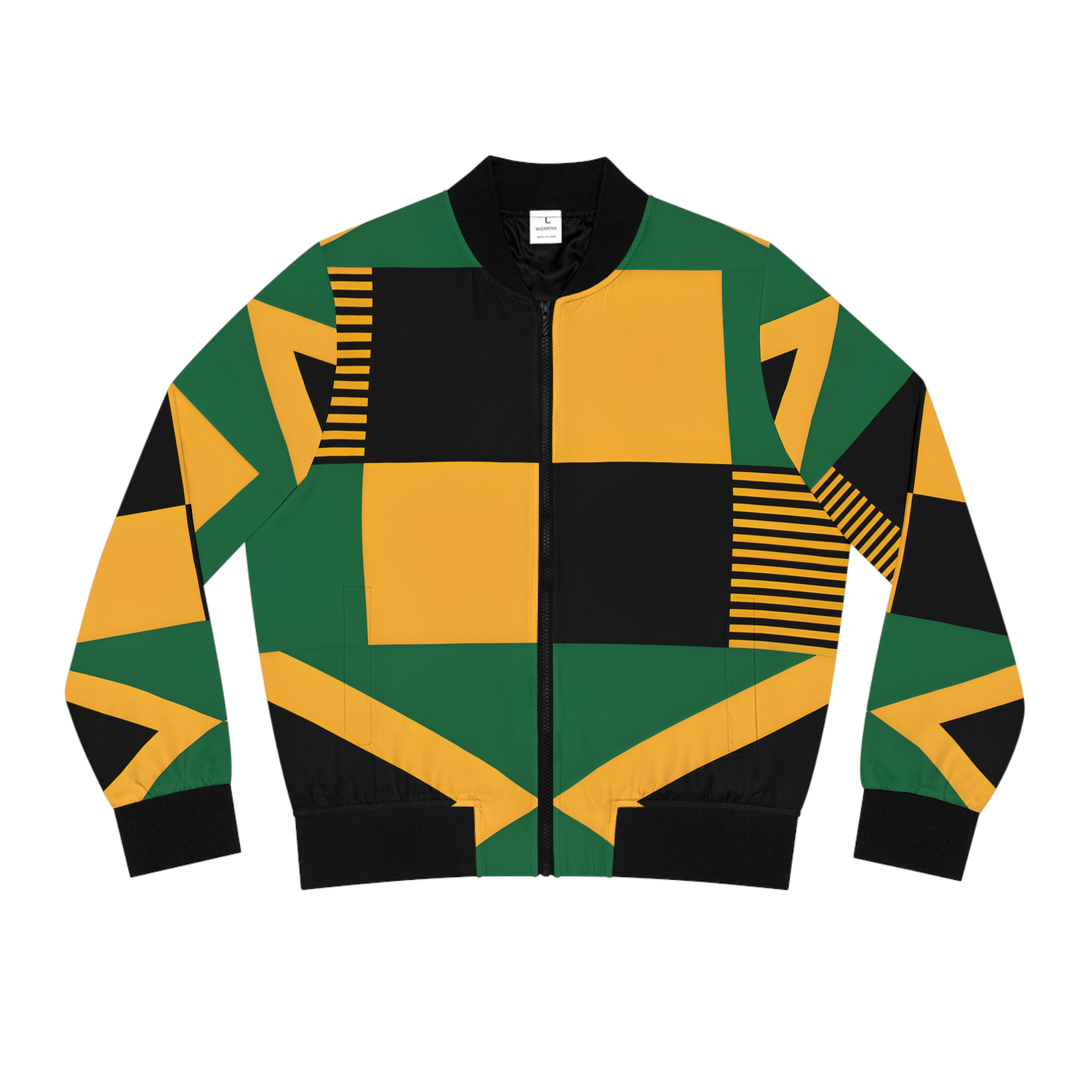 Bomber Jacket-Women Jamaican Flag Checkerboard Black, Green And Gold Jacket product thumbnail image Bomber Jacket-Women Jamaican Flag Checkerboard Black, Green And Gold Jacket product thumbnail image