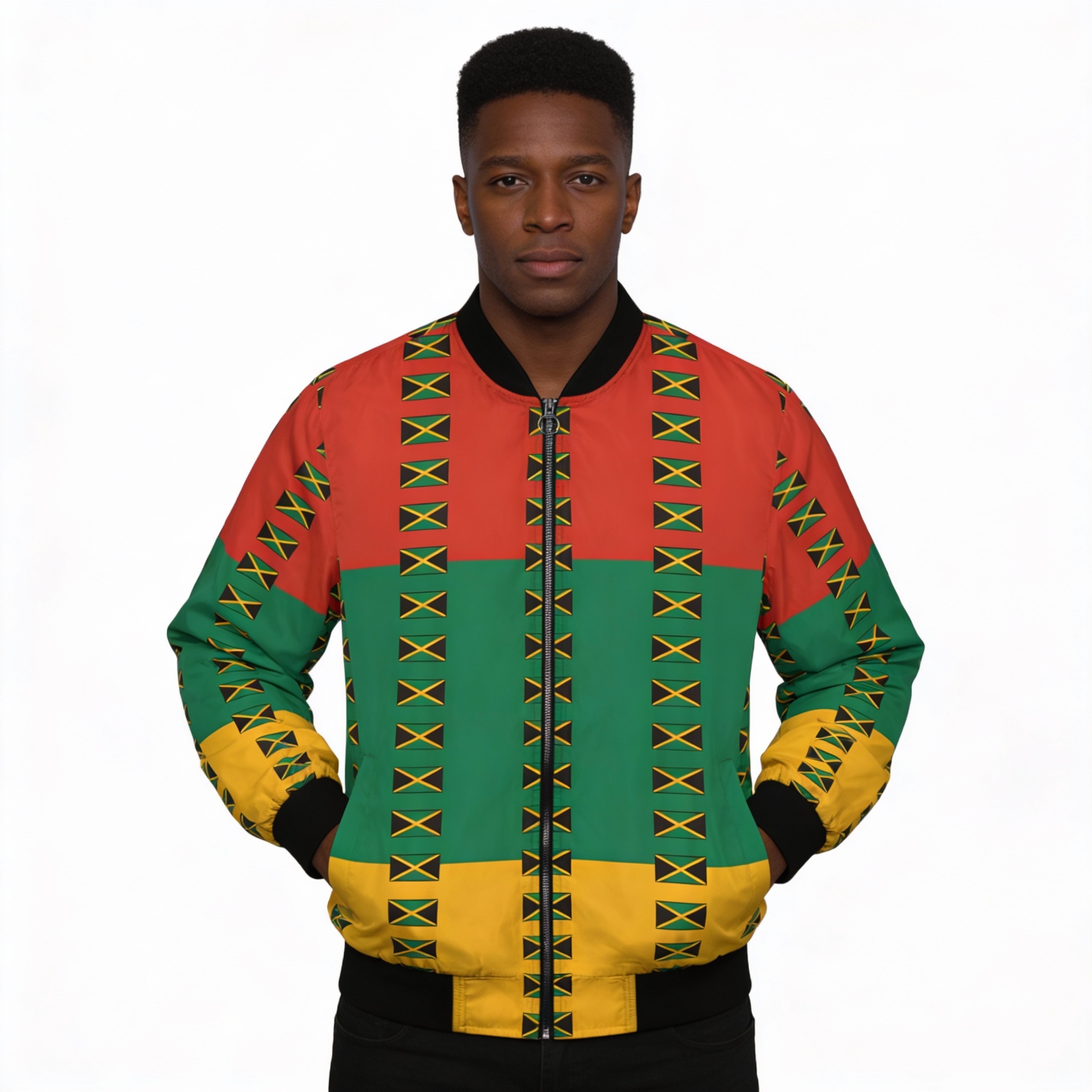 Bomber Jacket -Men Jamaican Flag — Red, Green And Yellow All-Over Print product thumbnail image Bomber Jacket -Men Jamaican Flag — Red, Green And Yellow All-Over Print product thumbnail image