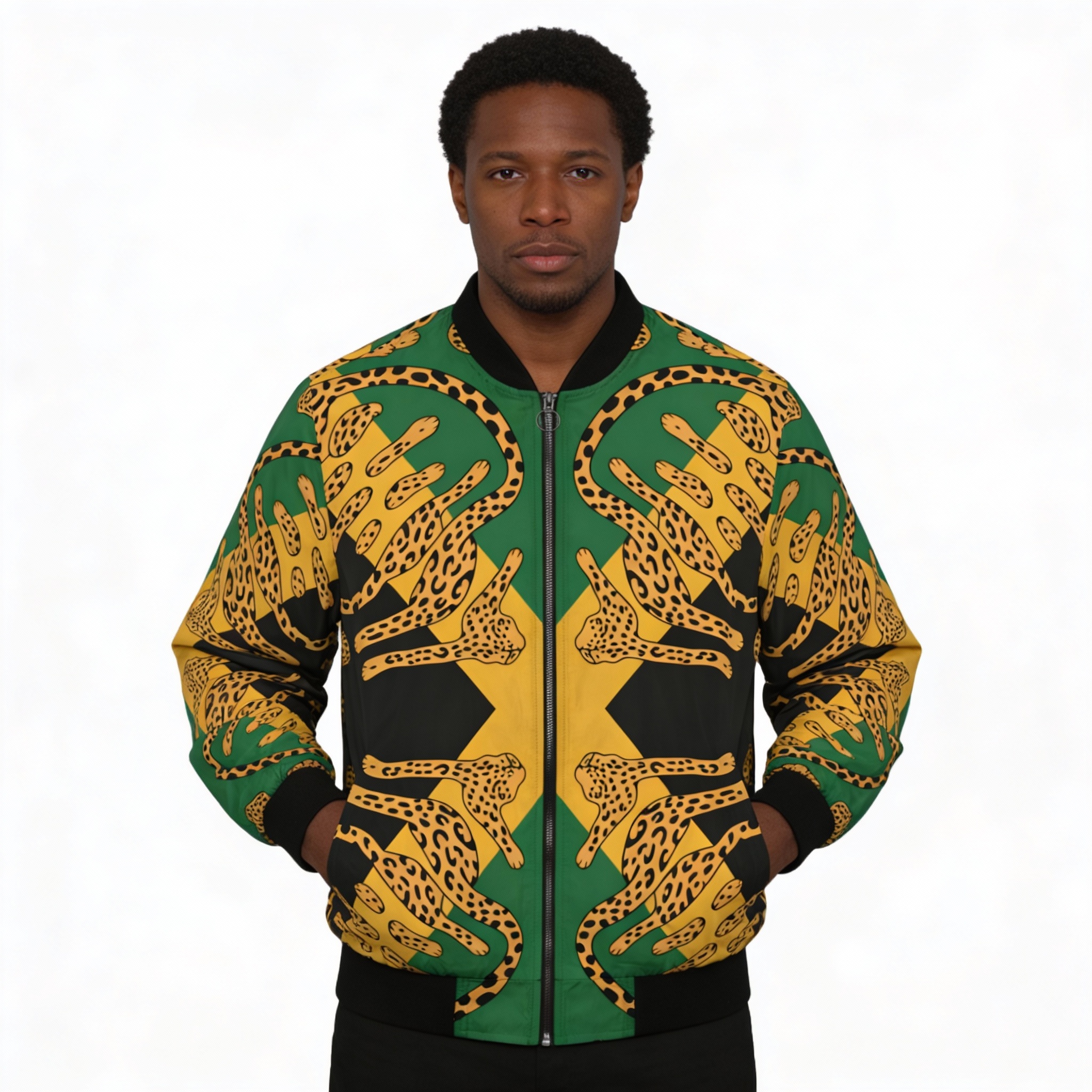 Bomber Jacket- Men Leopard Chain Print  — Black, Green &amp; Gold All-Over Jamaican Flag Design product thumbnail image