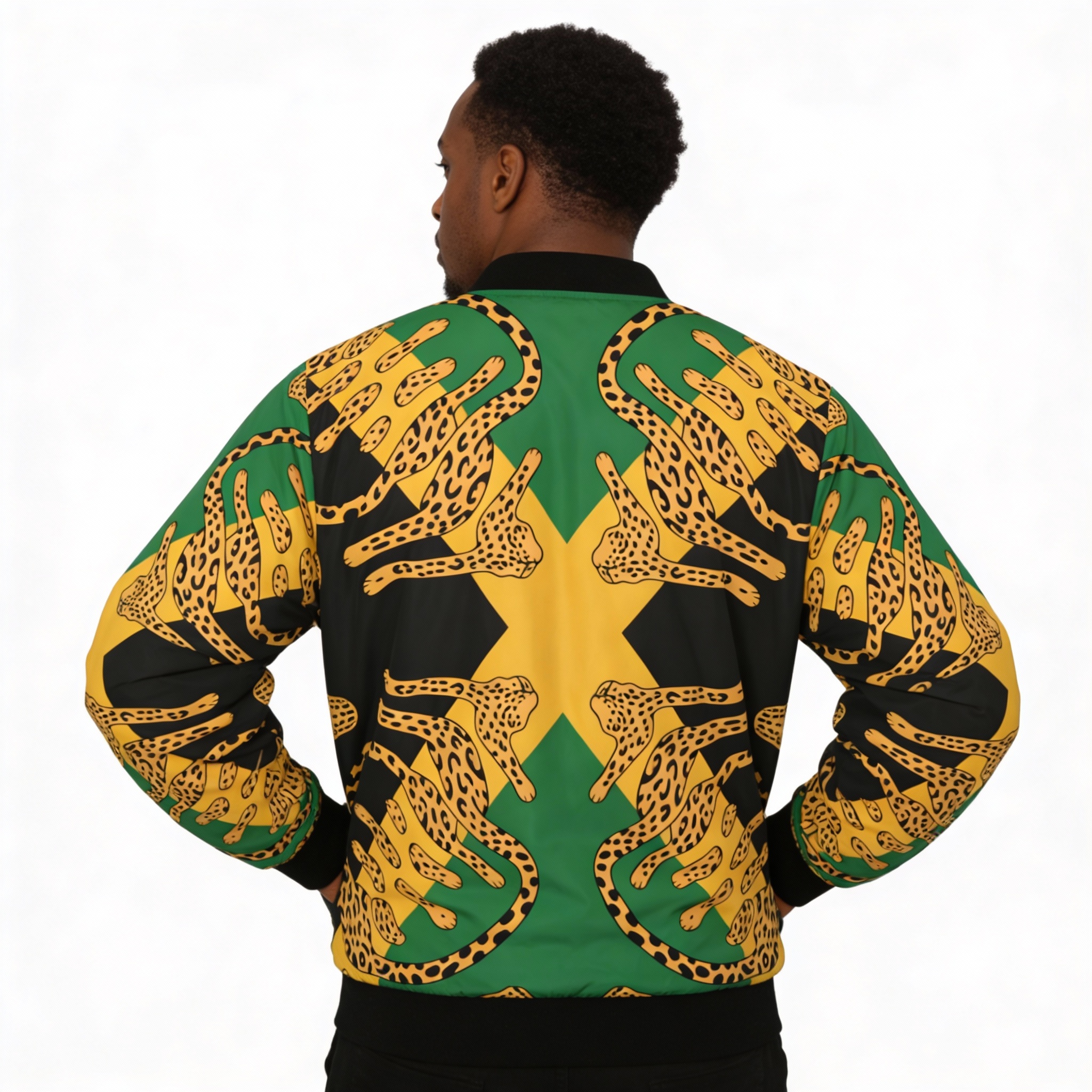 Bomber Jacket- Men Leopard Chain Print  — Black, Green &amp; Gold All-Over Jamaican Flag Design product thumbnail image
