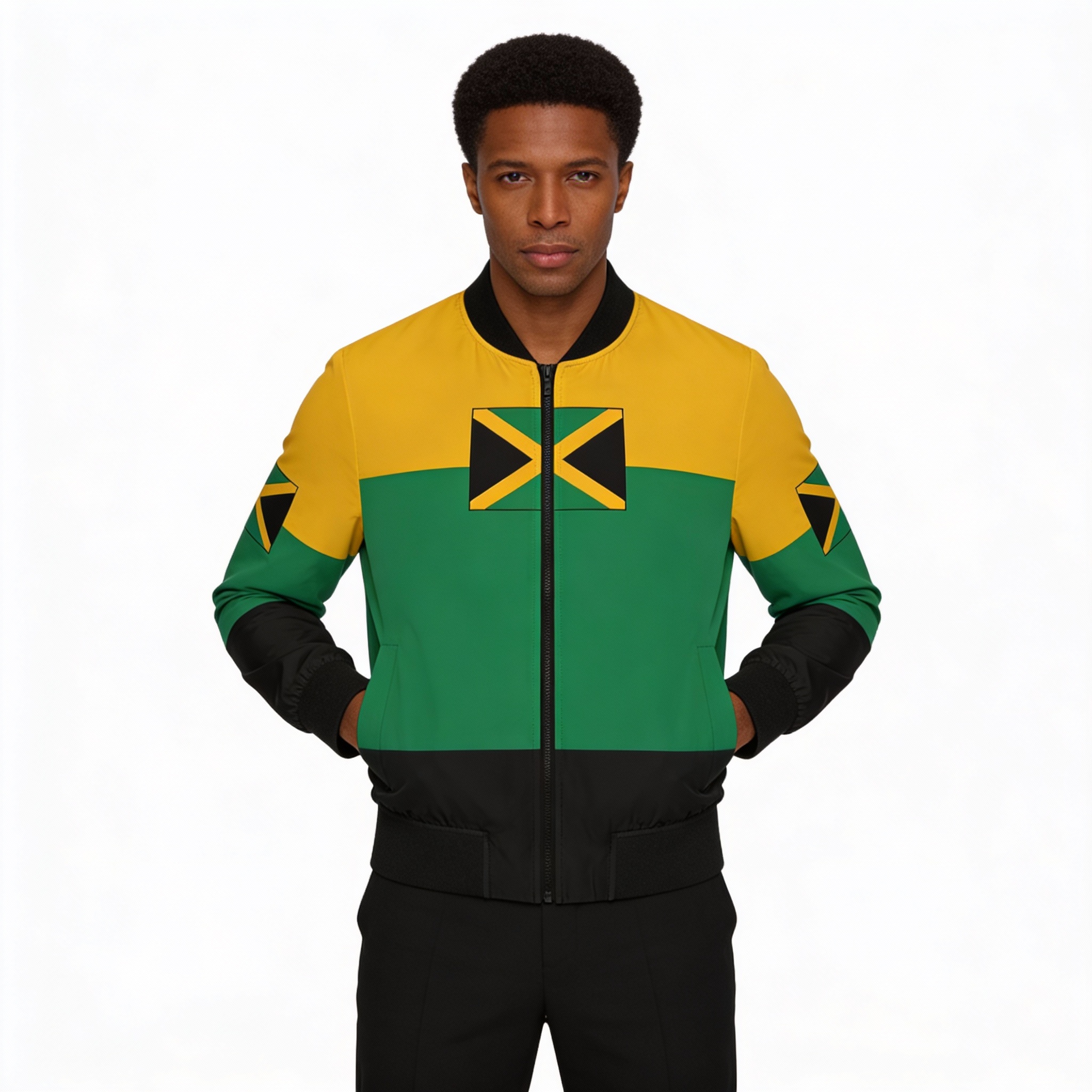 Bomber Jacket-Men's Jamaican Flag – Yellow, Green And Black Outerwear product thumbnail image Bomber Jacket-Men's Jamaican Flag – Yellow, Green And Black Outerwear product thumbnail image