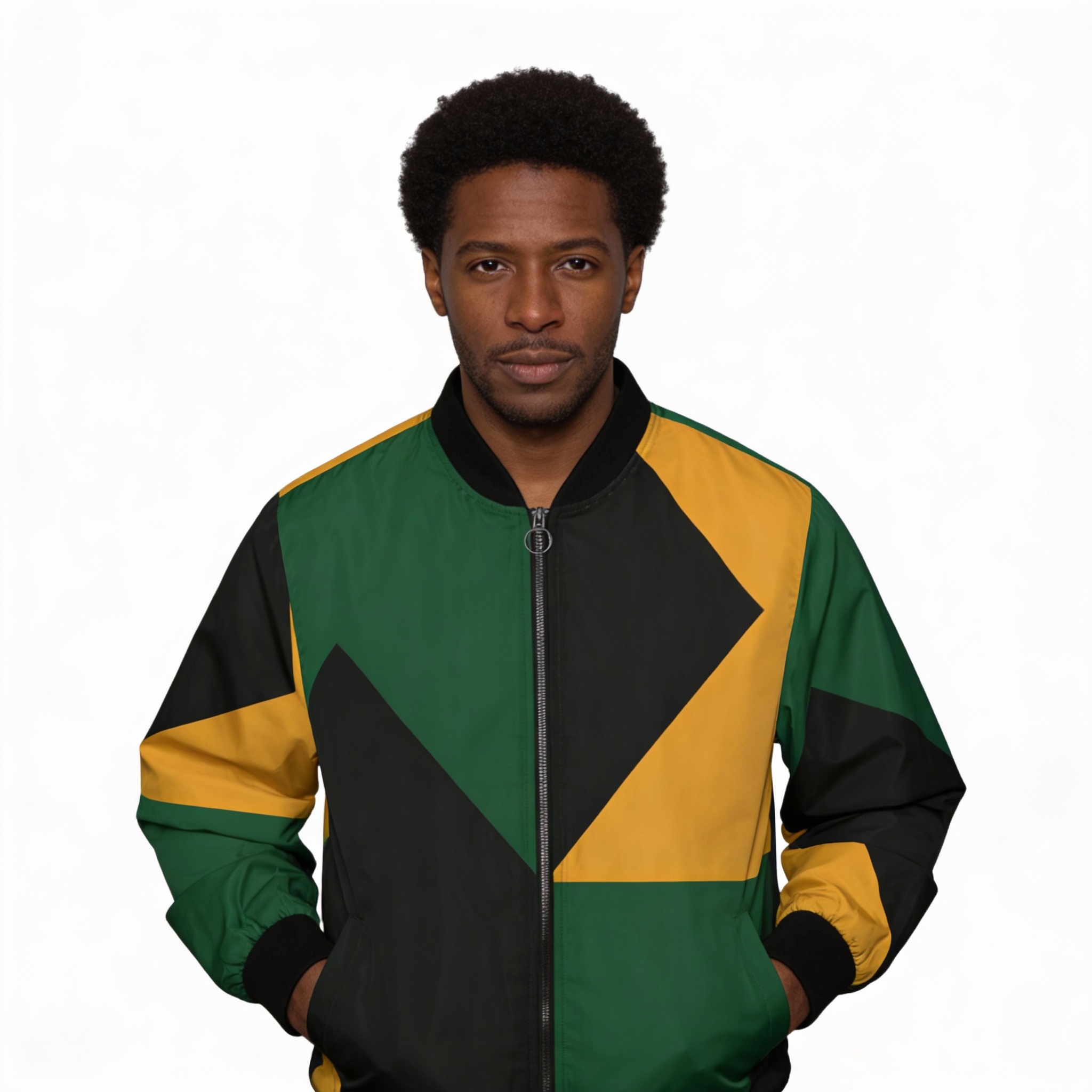 Bomber Jacket-Men Geometric Color block  — Green, Black And Gold product thumbnail image