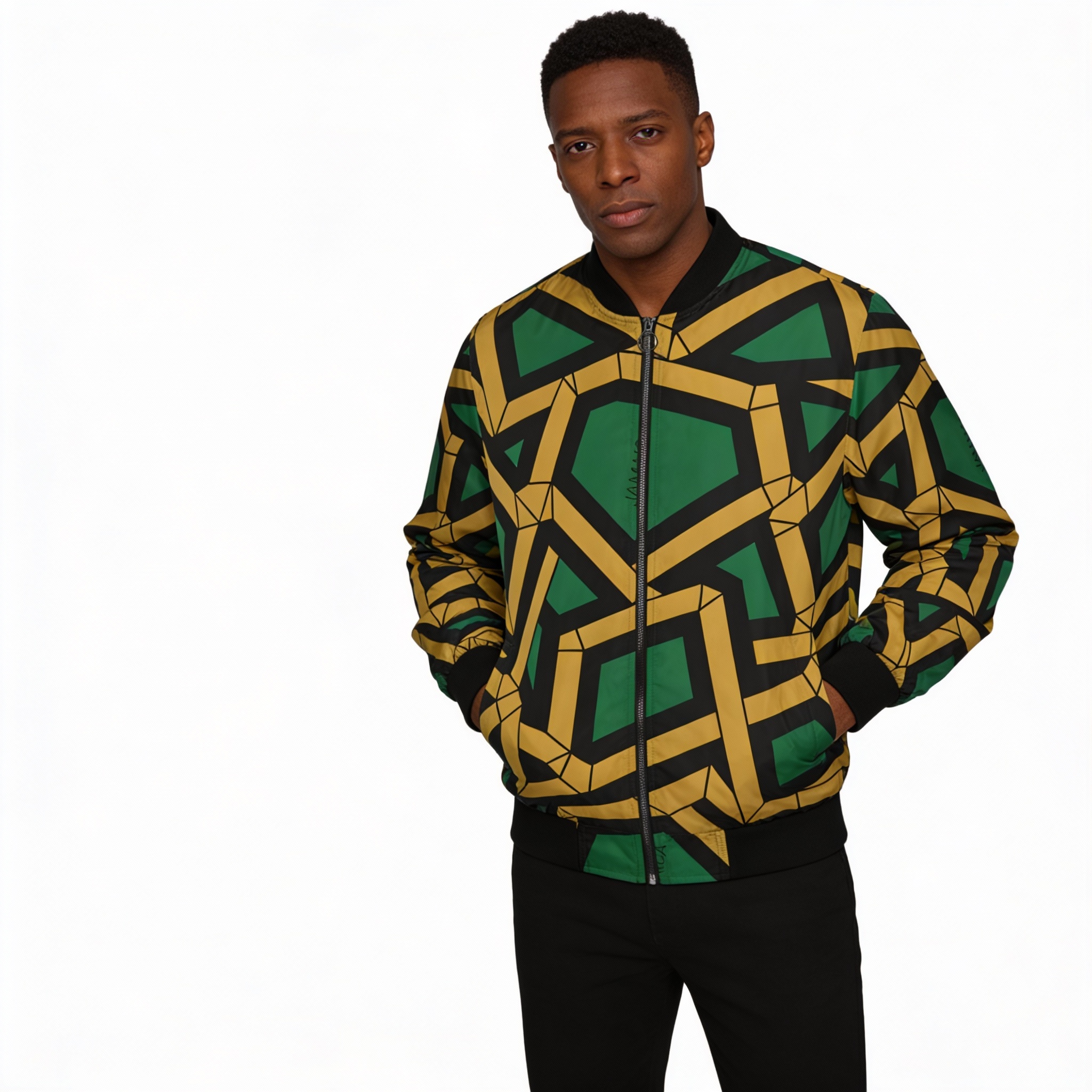 Bomber Jacket-Men Geometric Black, Green &amp; Gold 