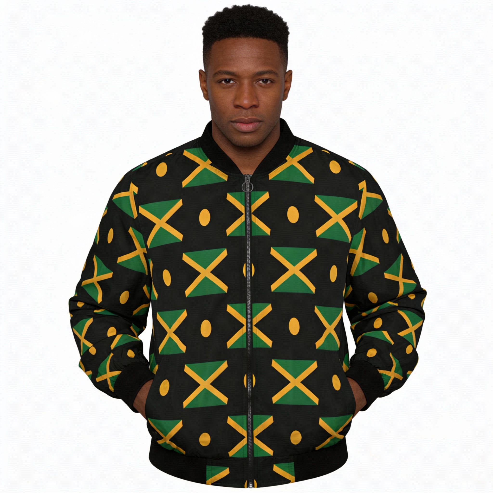 Bomber Jacket-Men Jamaica Flag Pattern — Black, Green And Gold Men’s Outerwear product thumbnail image Bomber Jacket-Men Jamaica Flag Pattern — Black, Green And Gold Men’s Outerwear product thumbnail image