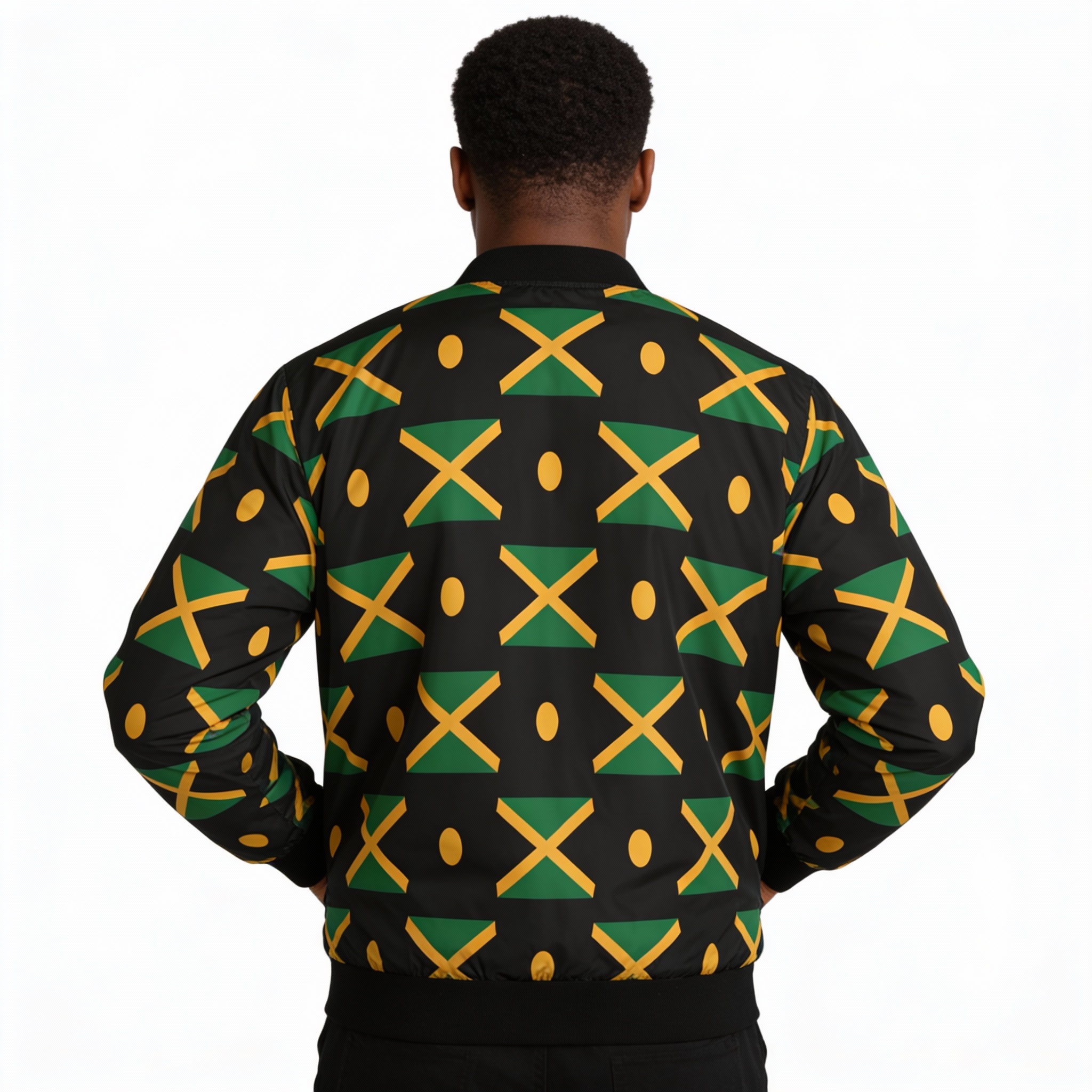 Bomber Jacket-Men Jamaica Flag Pattern — Black, Green And Gold Men’s Outerwear product thumbnail image Bomber Jacket-Men Jamaica Flag Pattern — Black, Green And Gold Men’s Outerwear product thumbnail image