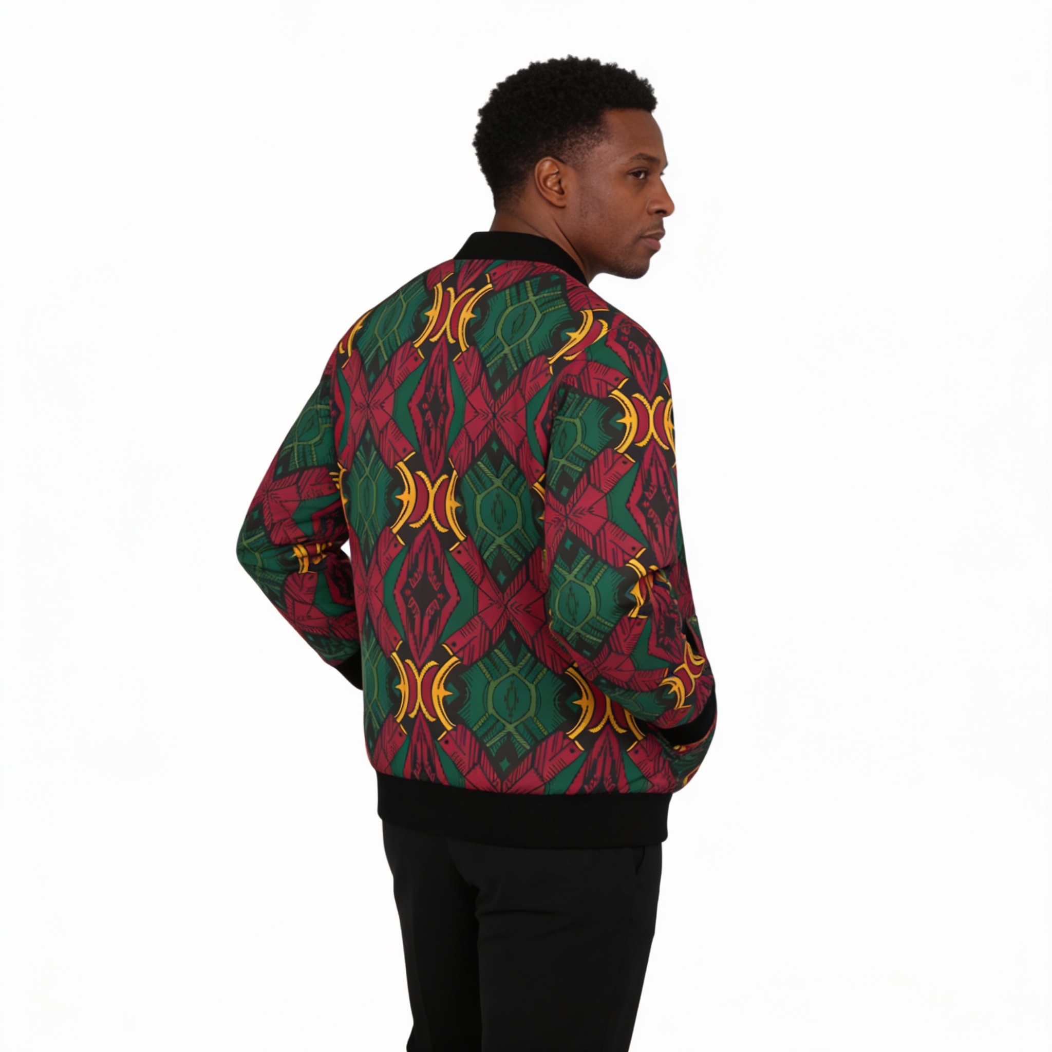 Bomber Jacket- Men Kaleidoscope Pattern  — Retro Geometric Red, Green And Gold Jacket product thumbnail image
