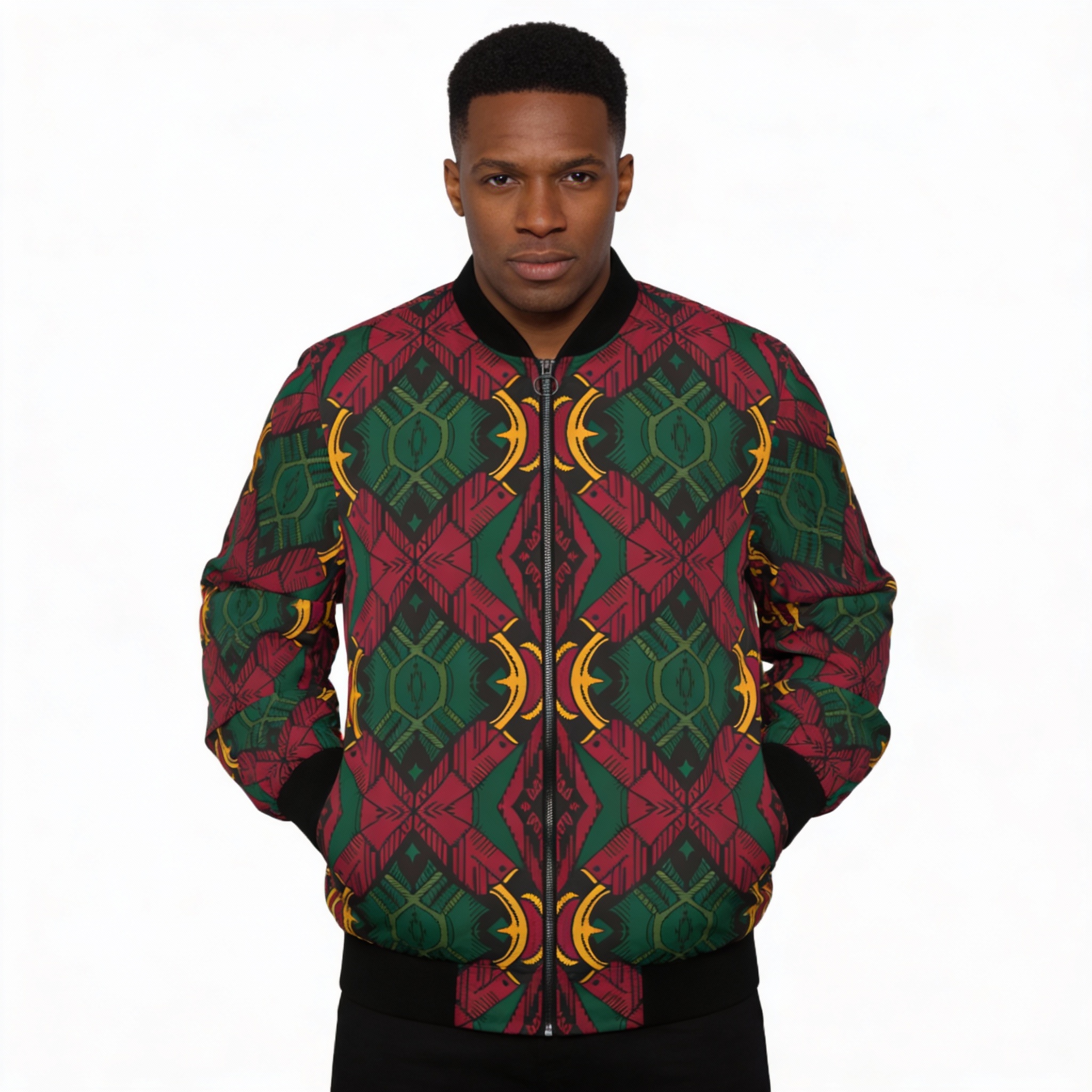 Bomber Jacket- Men Kaleidoscope Pattern — Retro Geometric Red, Green And Gold Jacket product thumbnail image Bomber Jacket- Men Kaleidoscope Pattern — Retro Geometric Red, Green And Gold Jacket product thumbnail image