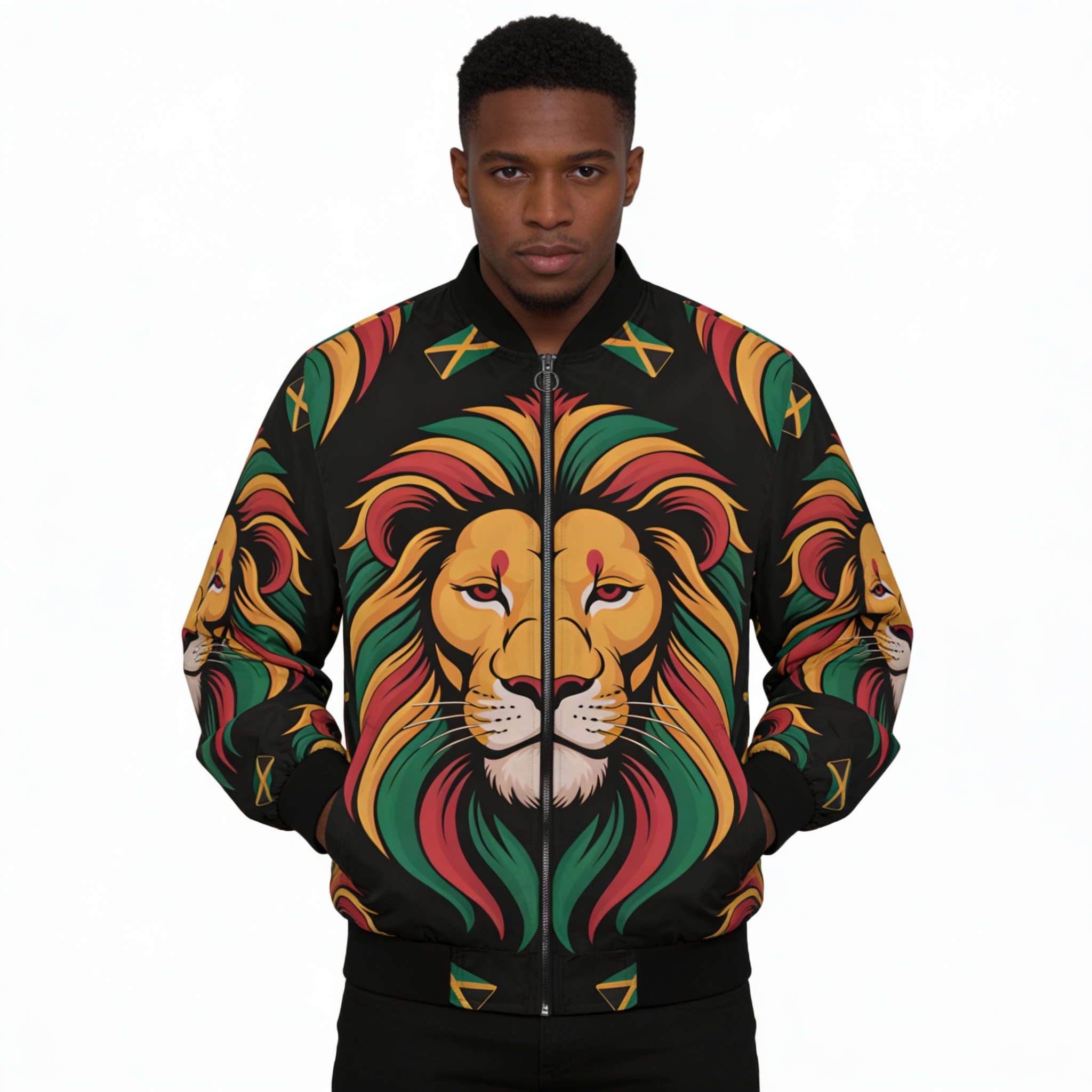 Bomber Jacket-Men Lion Rasta Jamaican Flag Accent Jacket product thumbnail image Bomber Jacket-Men Lion Rasta Jamaican Flag Accent Jacket product thumbnail image