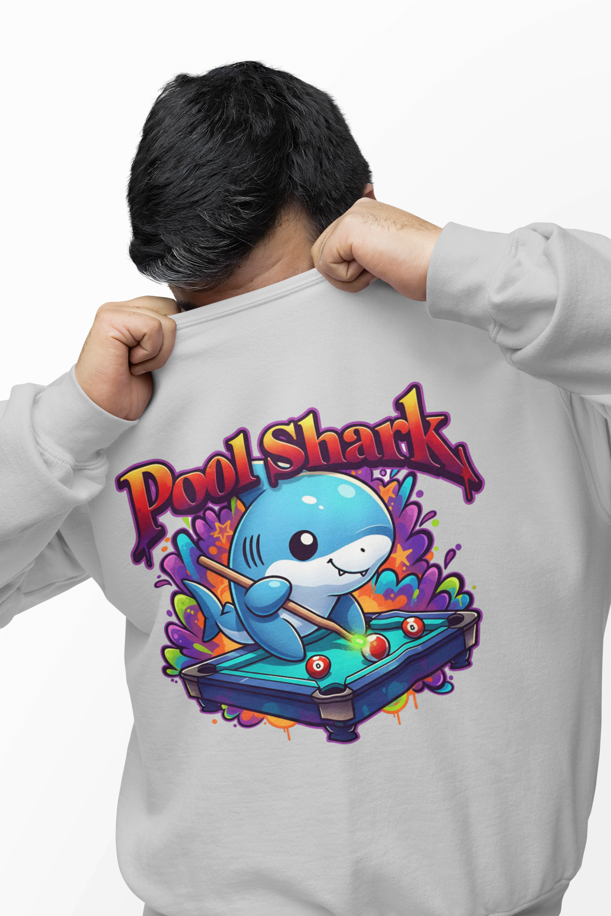 Pool Shark cartoon shark playing billiards Sweatshirt | Cute pool table design product thumbnail image