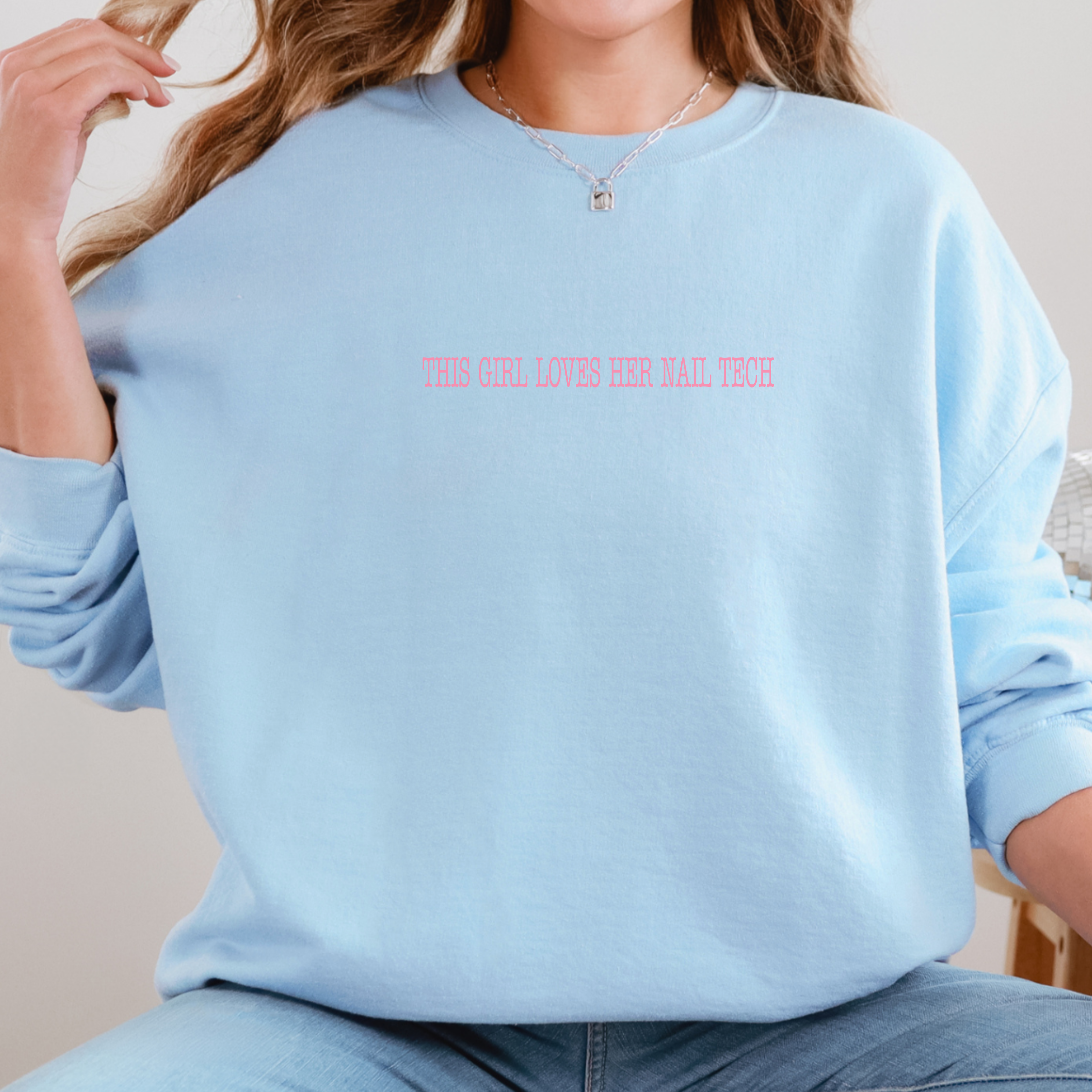 This Girl Loves Her Nail Tech Typewriter; Gildan Crewneck Sweatshirt product thumbnail image