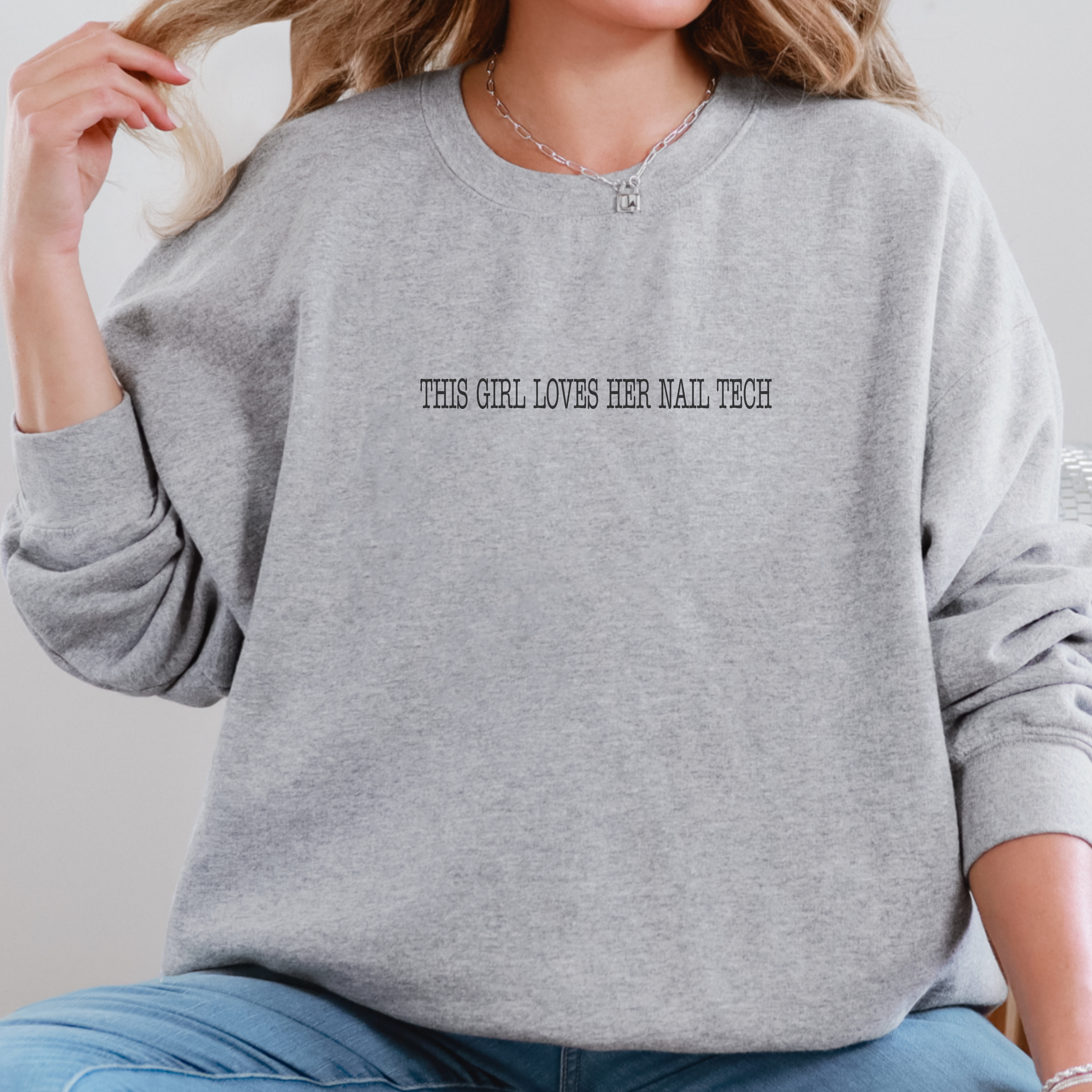 This Girl Loves Her Nail Tech Typewriter; Gildan Crewneck Sweatshirt product thumbnail image This Girl Loves Her Nail Tech Typewriter; Gildan Crewneck Sweatshirt product thumbnail image