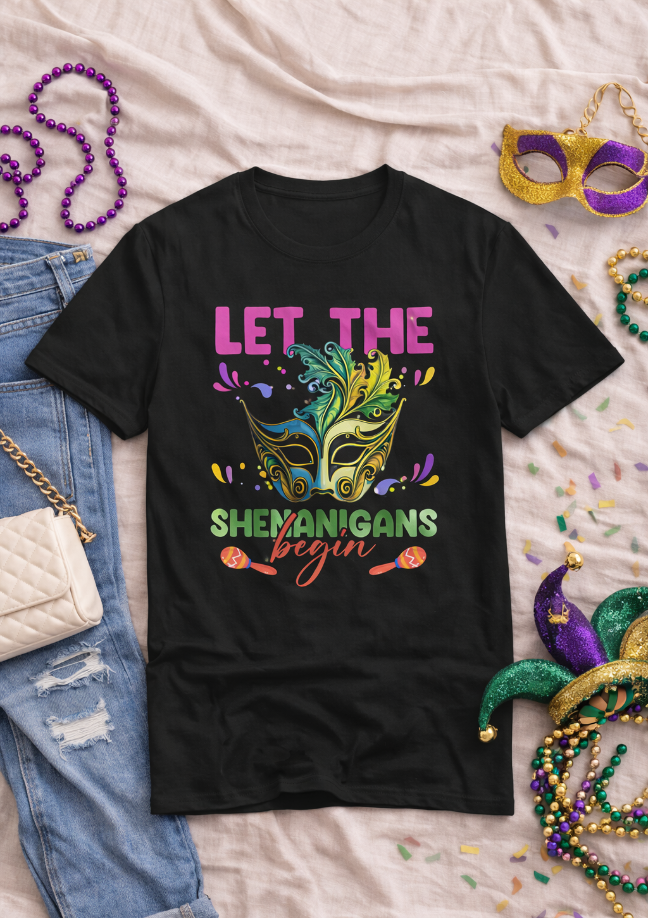 Mardi Gras T-Shirt – "Let the Shenanigans Begin" Colorful Masquerade Mask Tee product thumbnail image Mardi Gras T-Shirt – "Let the Shenanigans Begin" Colorful Masquerade Mask Tee product thumbnail image