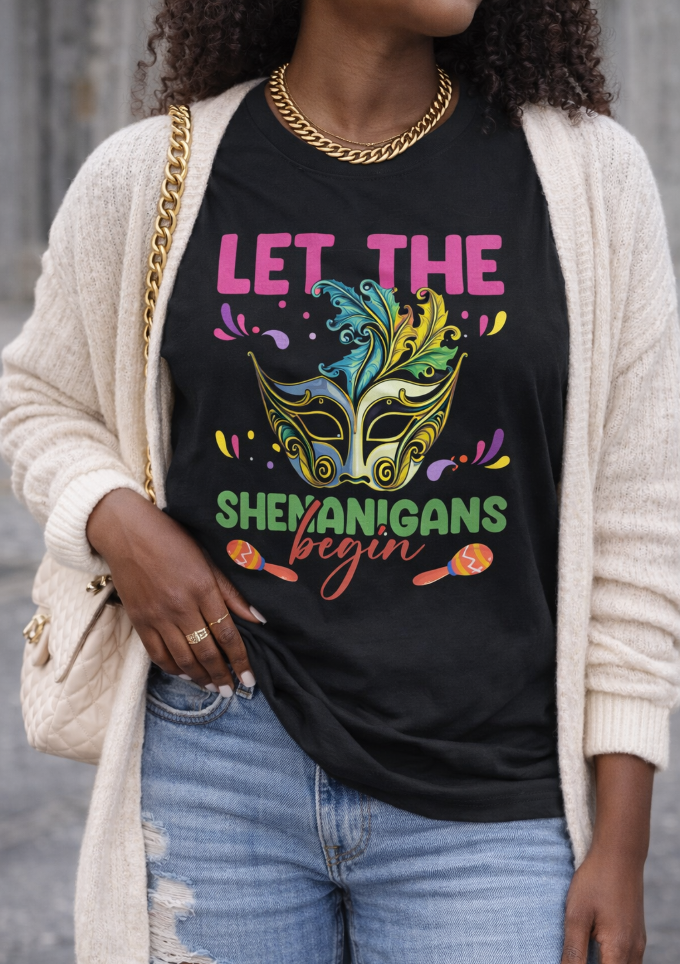 Mardi Gras T-Shirt – "Let the Shenanigans Begin" Colorful Masquerade Mask Tee product thumbnail image