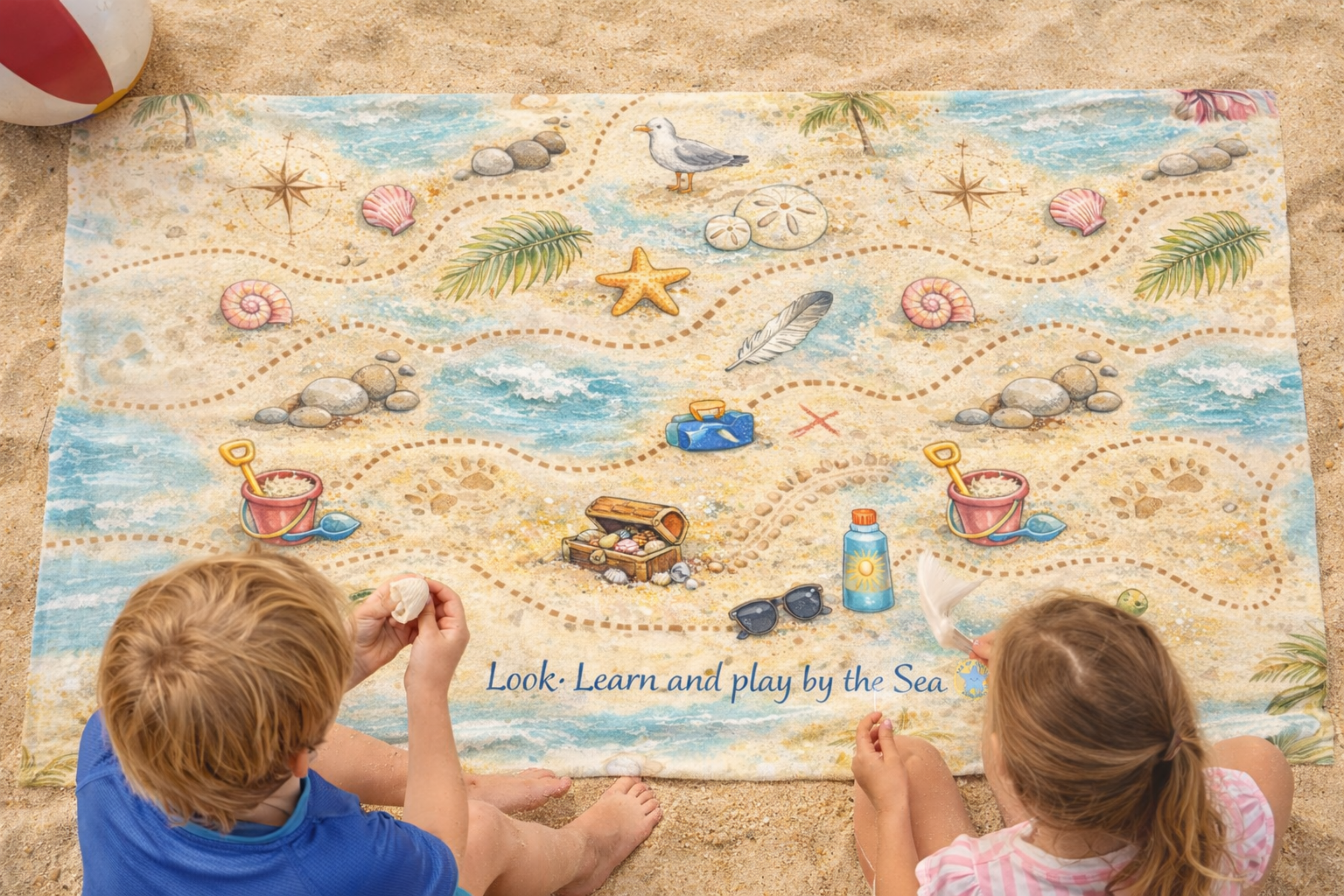 Beach Towel - Look, Learn &amp; Play by the Sea – Kids Beach Treasure Hunt Towel
