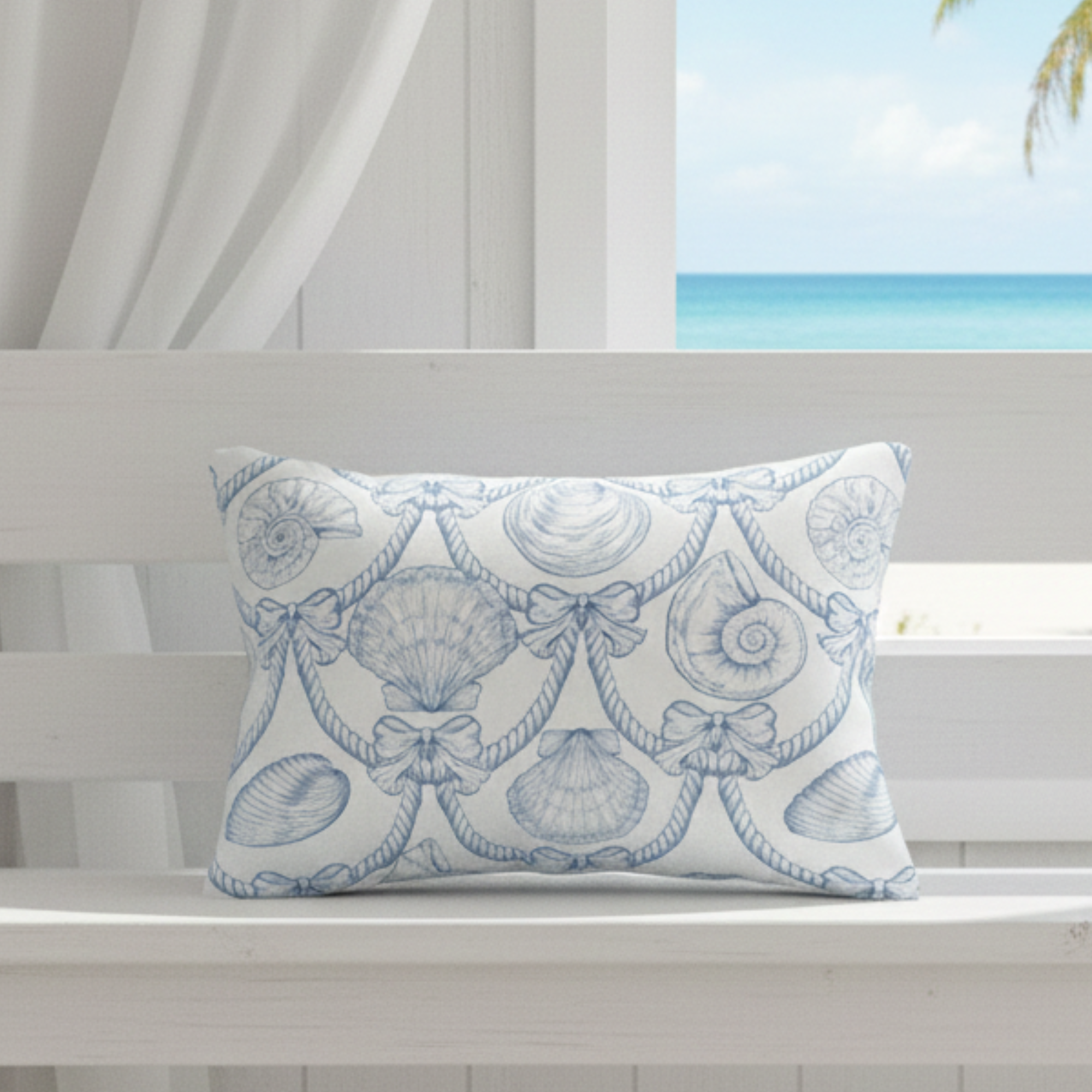 Coastal Seashell Lumbar Pillow | Blue Nautical Rope & Shell Accent Pillow | Beach House Coastal Decor | Ocean Inspired Throw Pillow product thumbnail image Coastal Seashell Lumbar Pillow | Blue Nautical Rope & Shell Accent Pillow | Beach House Coastal Decor | Ocean Inspired Throw Pillow product thumbnail image