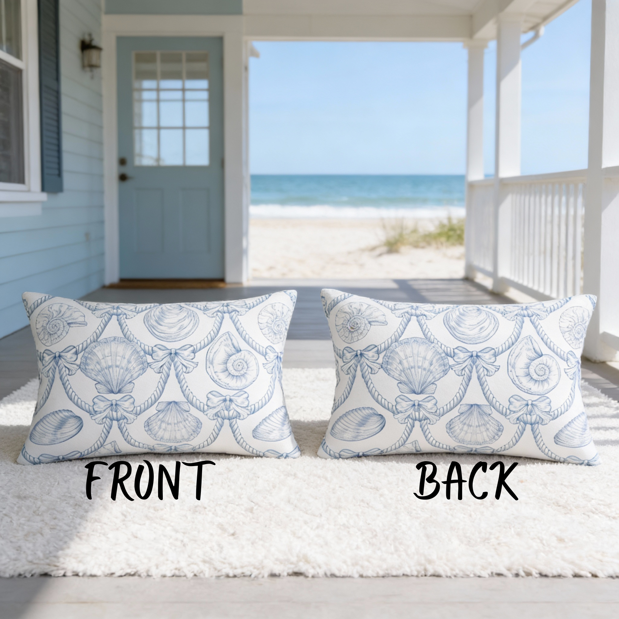 Coastal Seashell Lumbar Pillow | Blue Nautical Rope & Shell Accent Pillow | Beach House Coastal Decor | Ocean Inspired Throw Pillow product thumbnail image Coastal Seashell Lumbar Pillow | Blue Nautical Rope & Shell Accent Pillow | Beach House Coastal Decor | Ocean Inspired Throw Pillow product thumbnail image