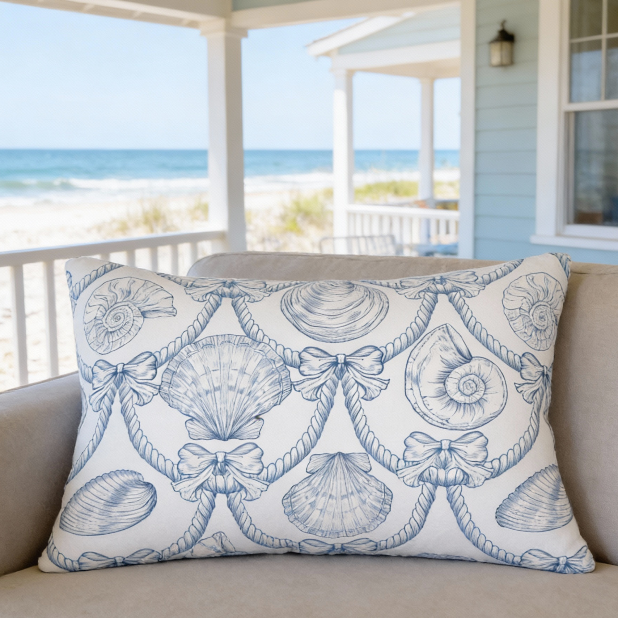 Coastal Seashell Lumbar Pillow | Blue Nautical Rope & Shell Accent Pillow | Beach House Coastal Decor | Ocean Inspired Throw Pillow product thumbnail image Coastal Seashell Lumbar Pillow | Blue Nautical Rope & Shell Accent Pillow | Beach House Coastal Decor | Ocean Inspired Throw Pillow product thumbnail image